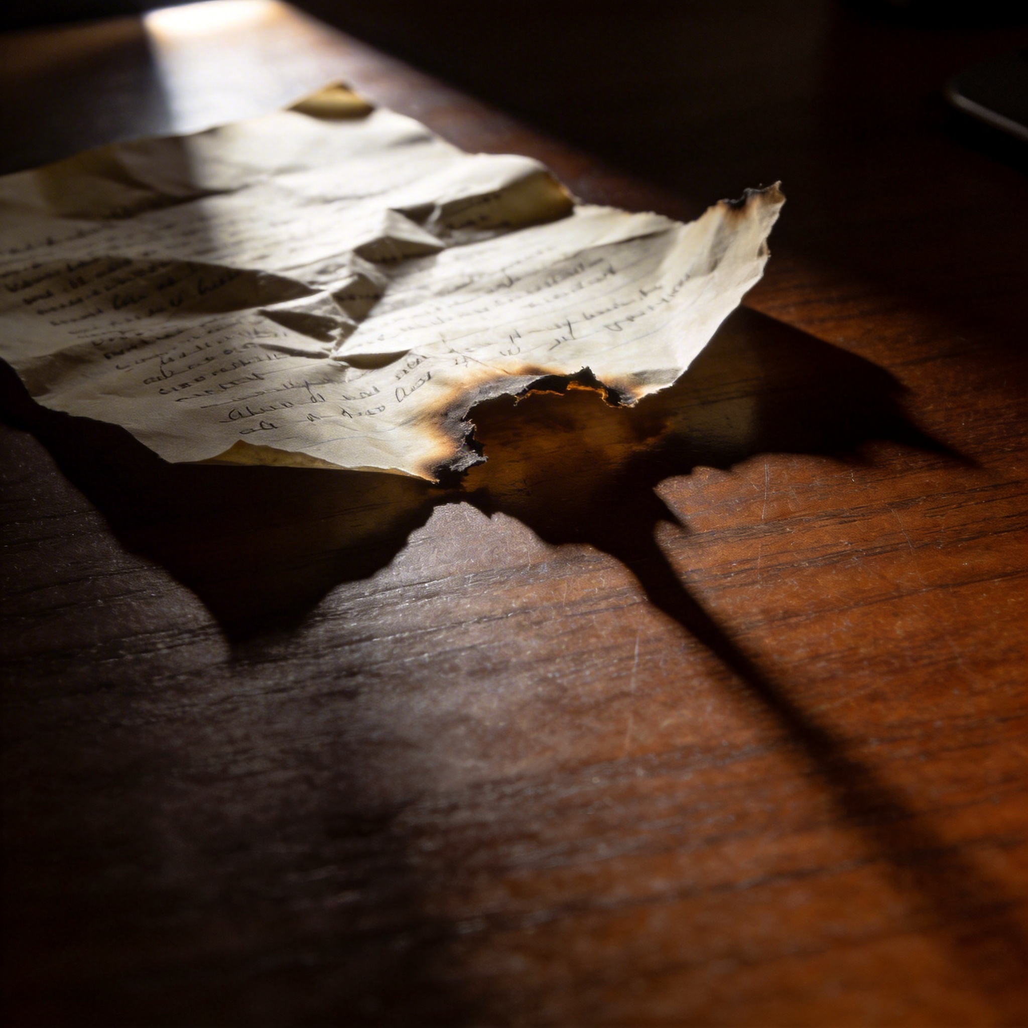 Crumpled, partially burned memo on a dark desk, symbolizing a damaging leak.