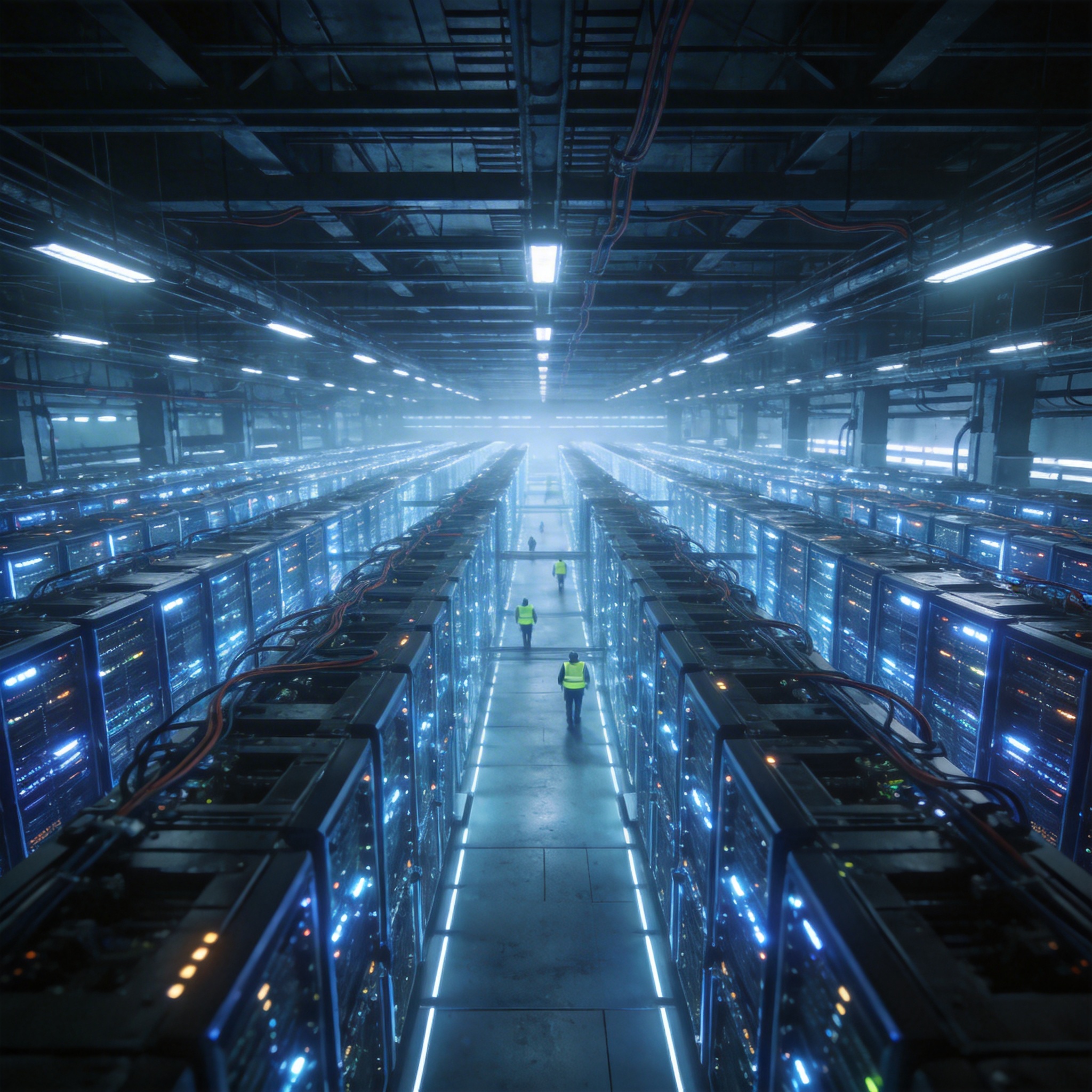 Vast, futuristic data center interior, symbolizing massive capital expenditures in the AI industry.