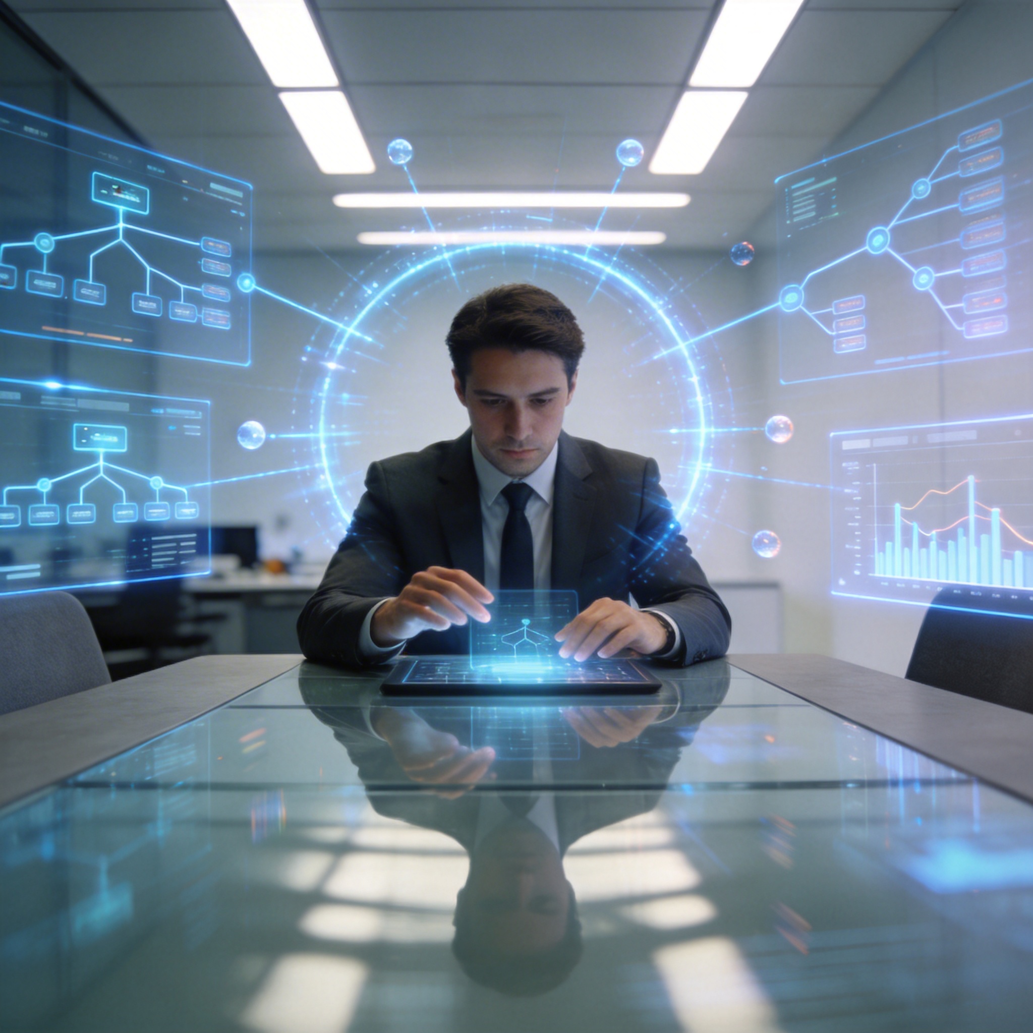 Human professional collaborating with multiple holographic AI interfaces in a modern office.