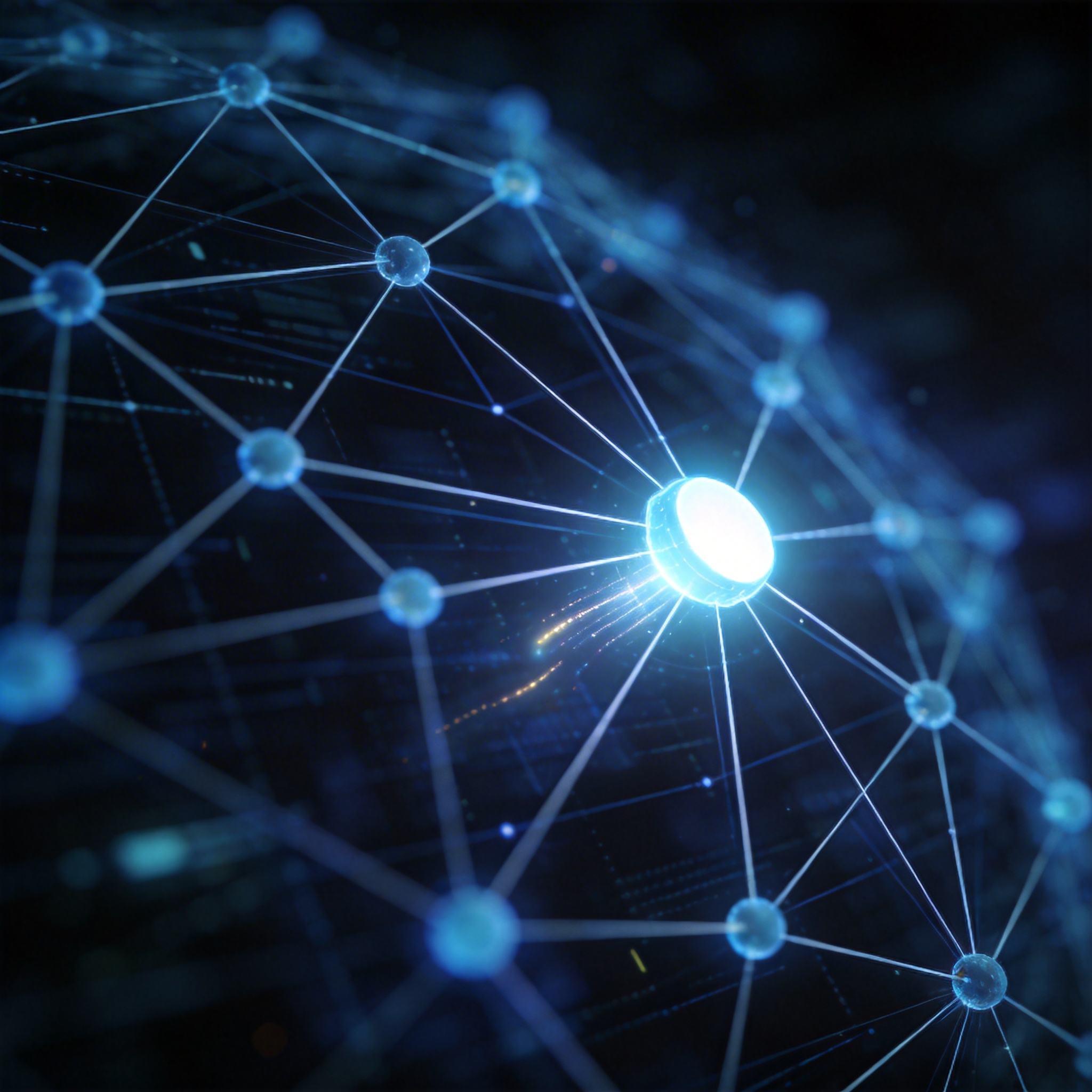 Abstract digital network with a brightly glowing node, symbolizing a new software feature emerging from rapid updates.