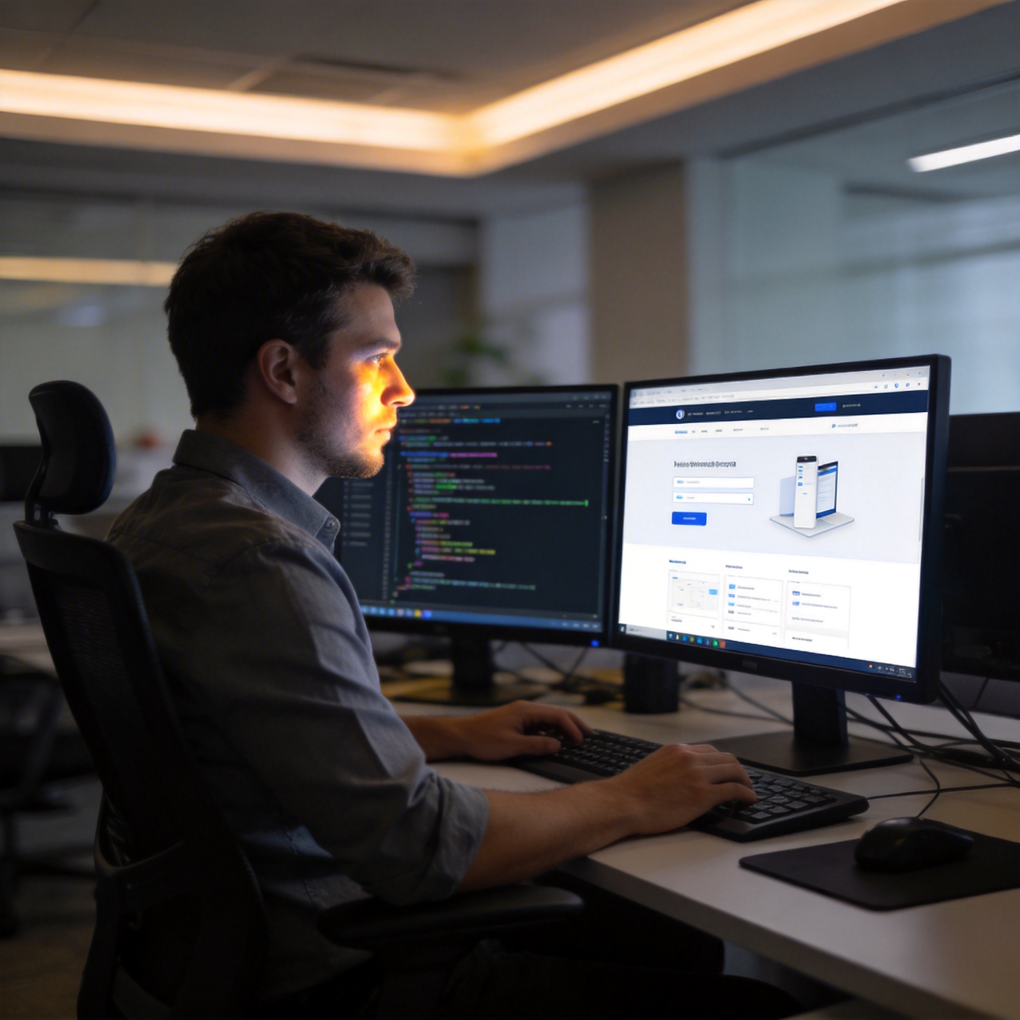 Software developer working on a multi-monitor setup, building a web application.