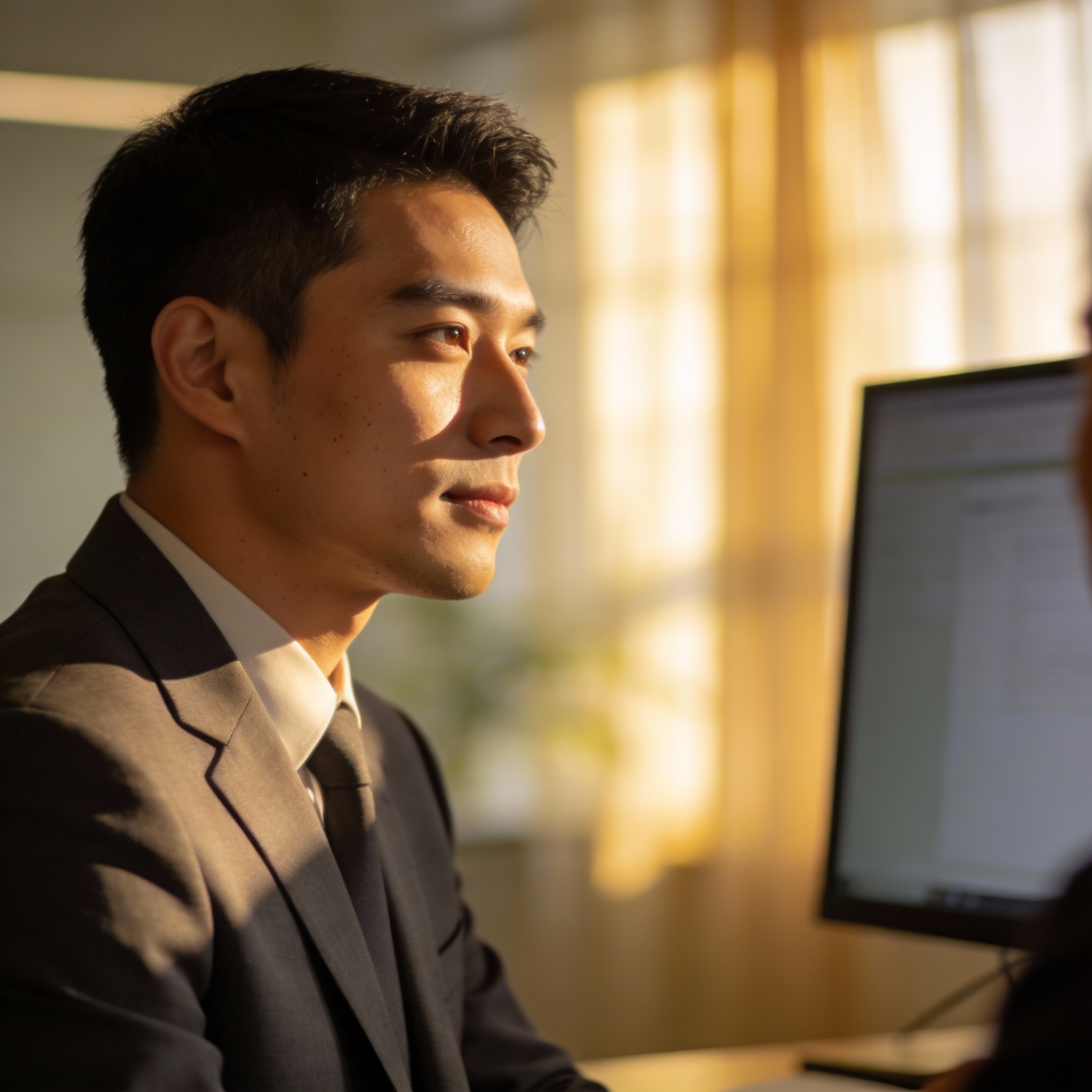 A focused job candidate in a modern interview room, subtly engaging with an unseen AI assistant for optimal performance.