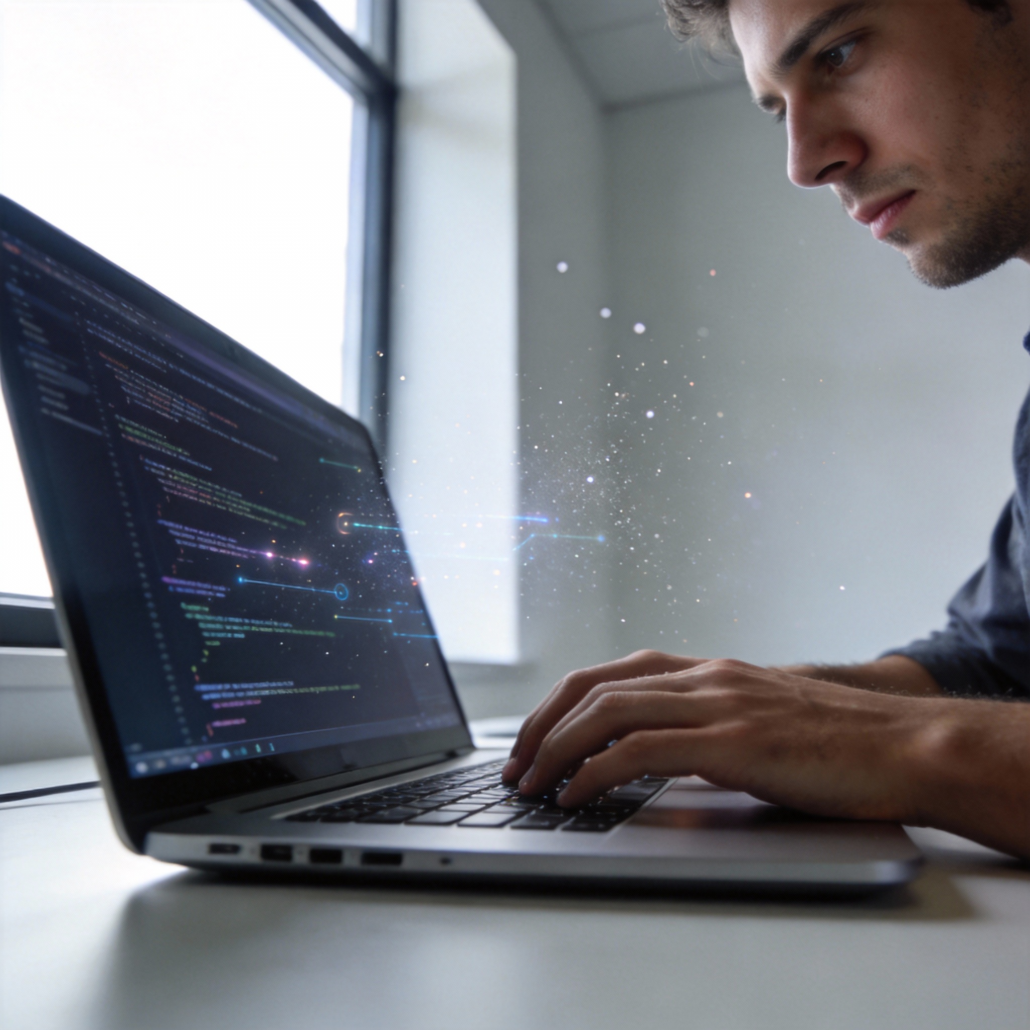 A software engineer coding on a laptop in a modern office, representing advanced programming capabilities.