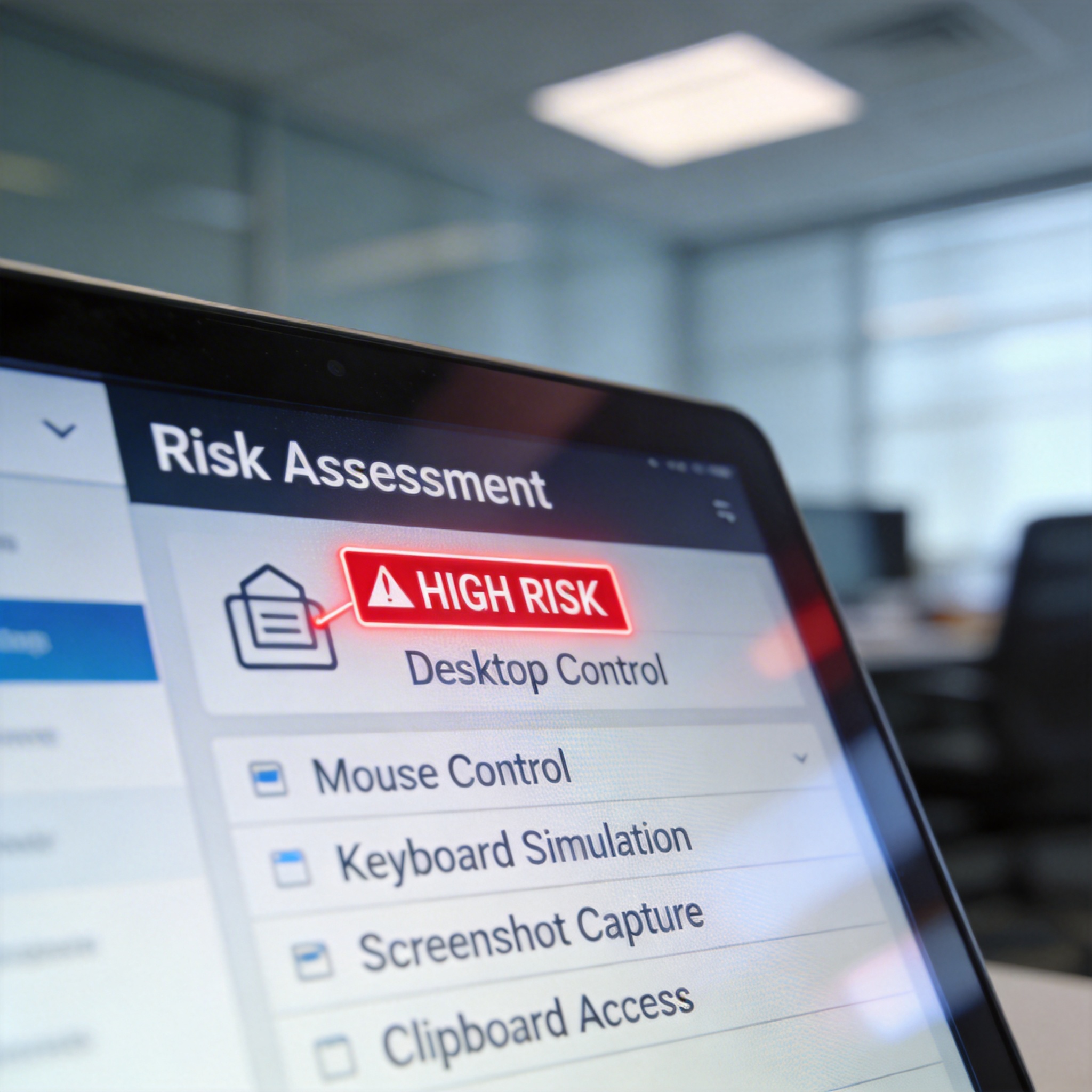 Digital screen showing 'HIGH RISK' for 'Desktop Control' skill, listing broad permissions.
