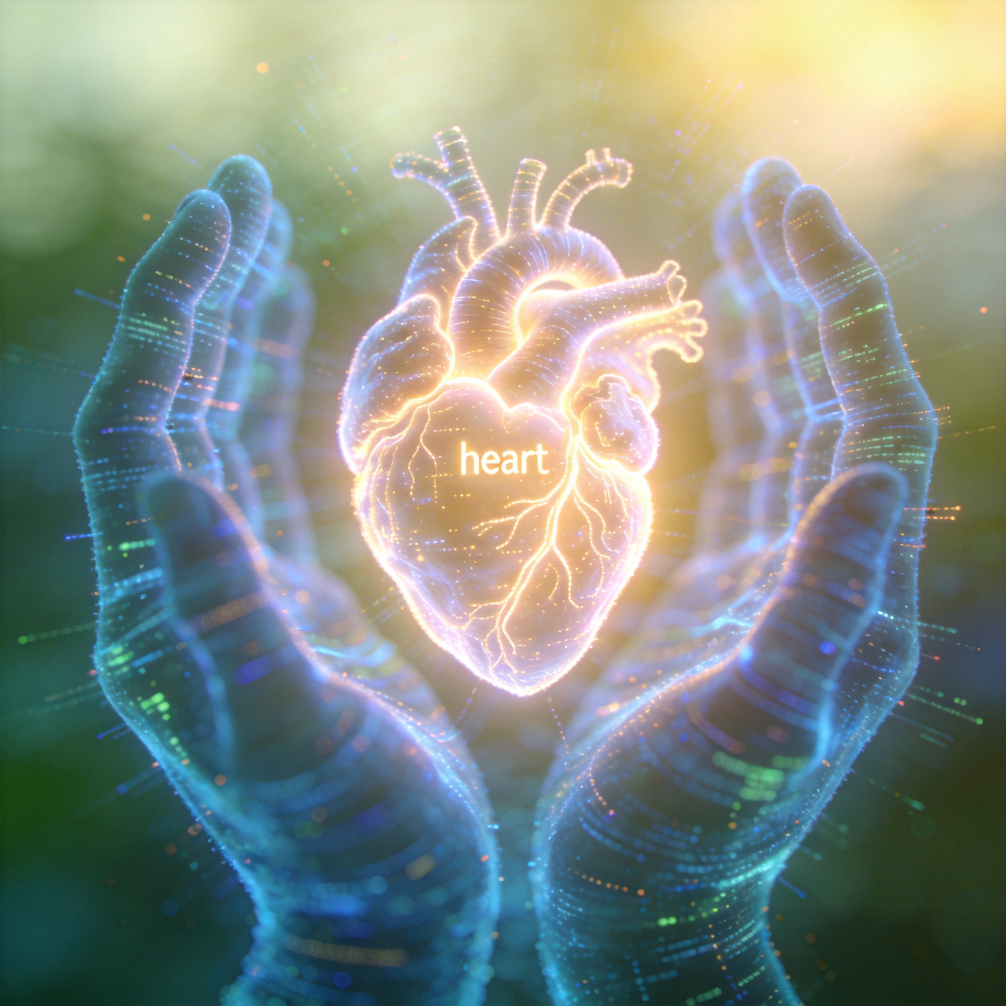 Abstract glowing digital heart with protective data streams, symbolizing AI mental health support.
