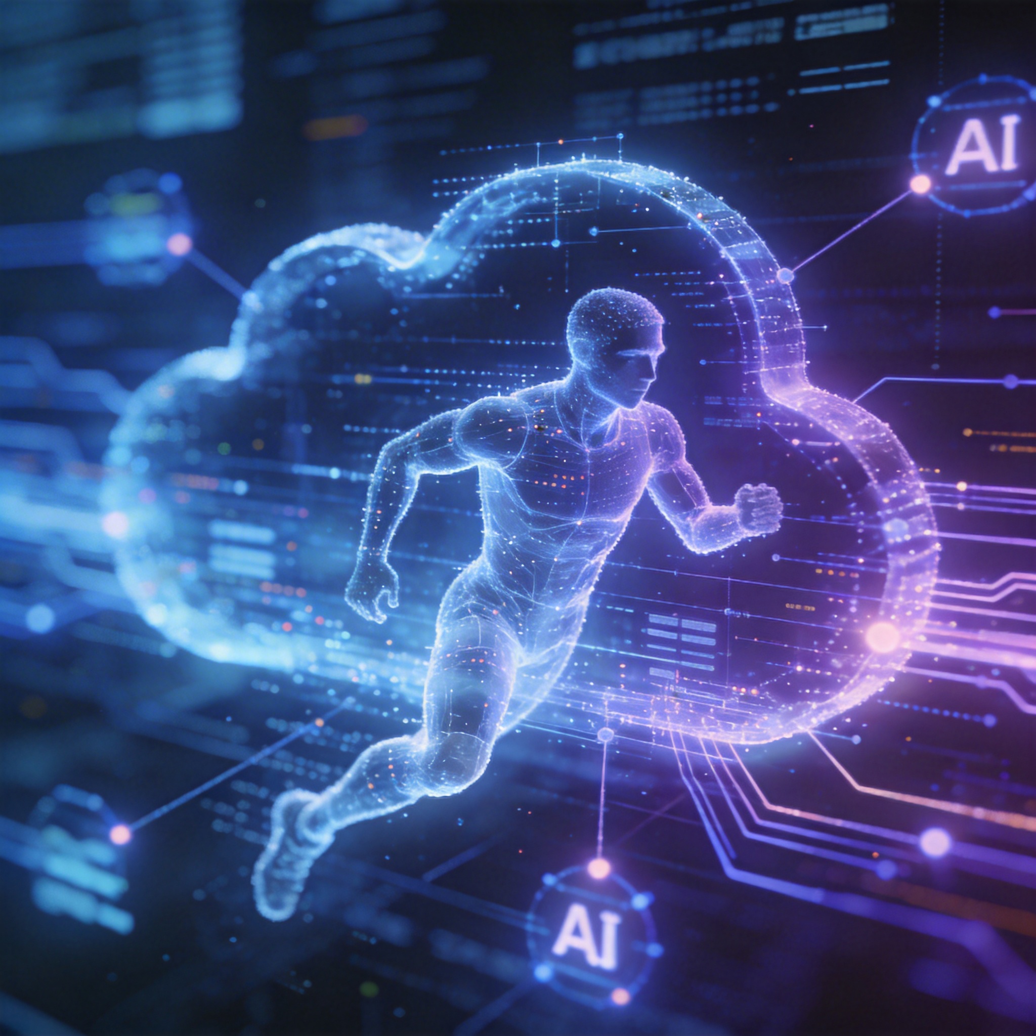 Abstract cloud computing interface showing AI 3D modeling, matting, and rendering processes.