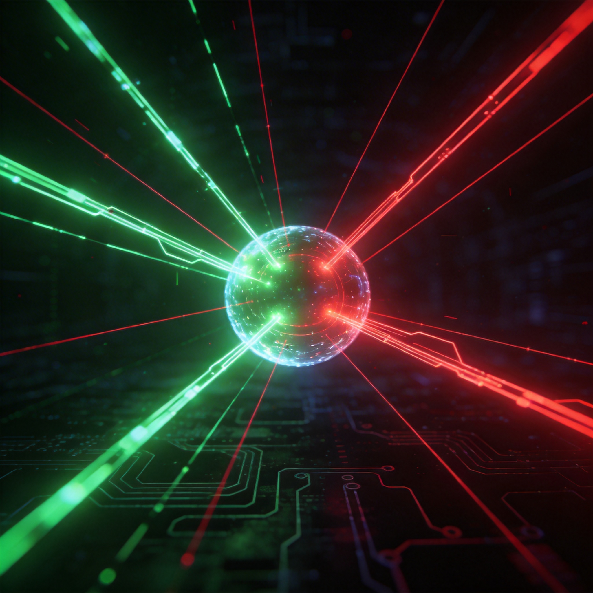 Abstract visual of glowing data streams, with red error streams being corrected into green, symbolizing AI error correction.