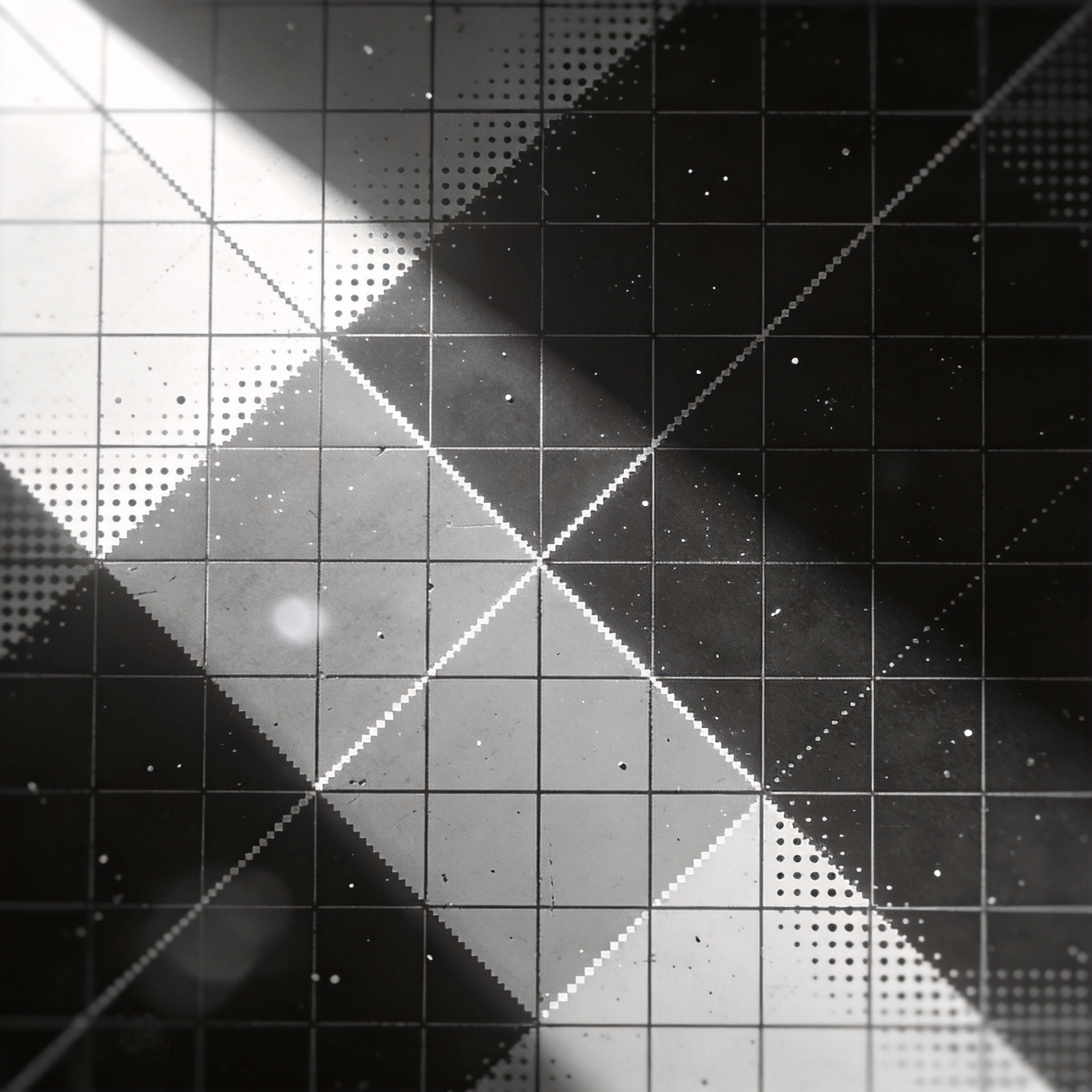 Abstract digital grid with subtle imperfections in design elements, representing K2.5's challenges with minute details.