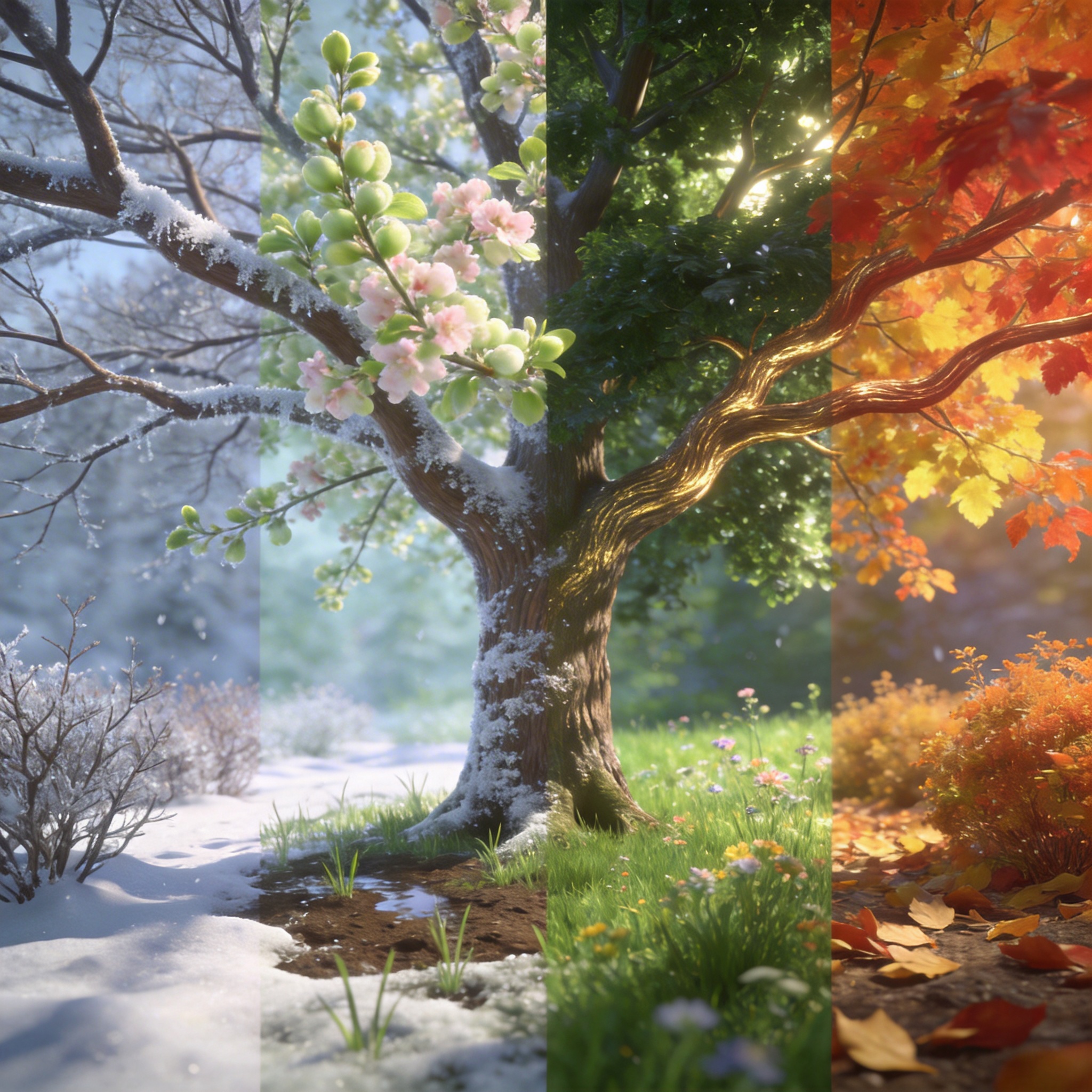 Hyperrealistic illustration of a tree showing four seasons in one image, demonstrating prompt templating.