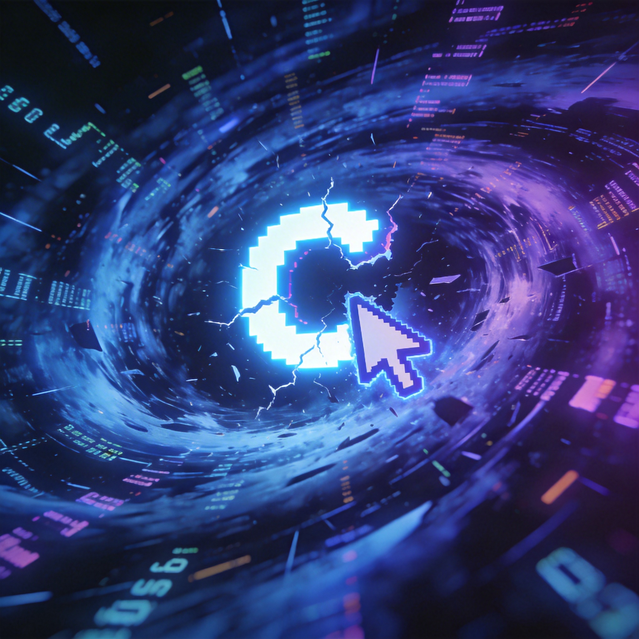 Fractured digital 'C' logo amidst swirling data, symbolizing Cursor's foundational challenge and strategic shift.
