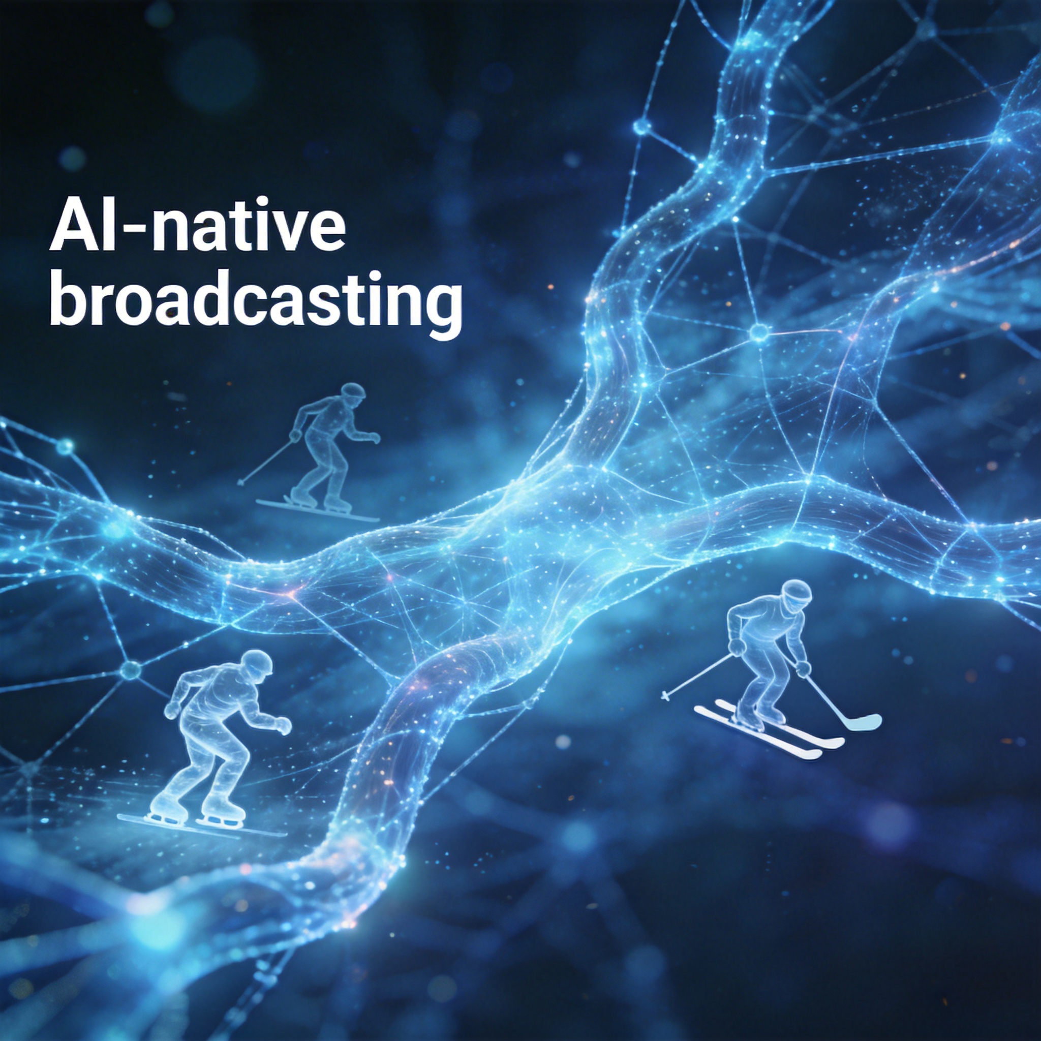 Abstract neural network with integrated sports imagery, symbolizing AI-native broadcasting.