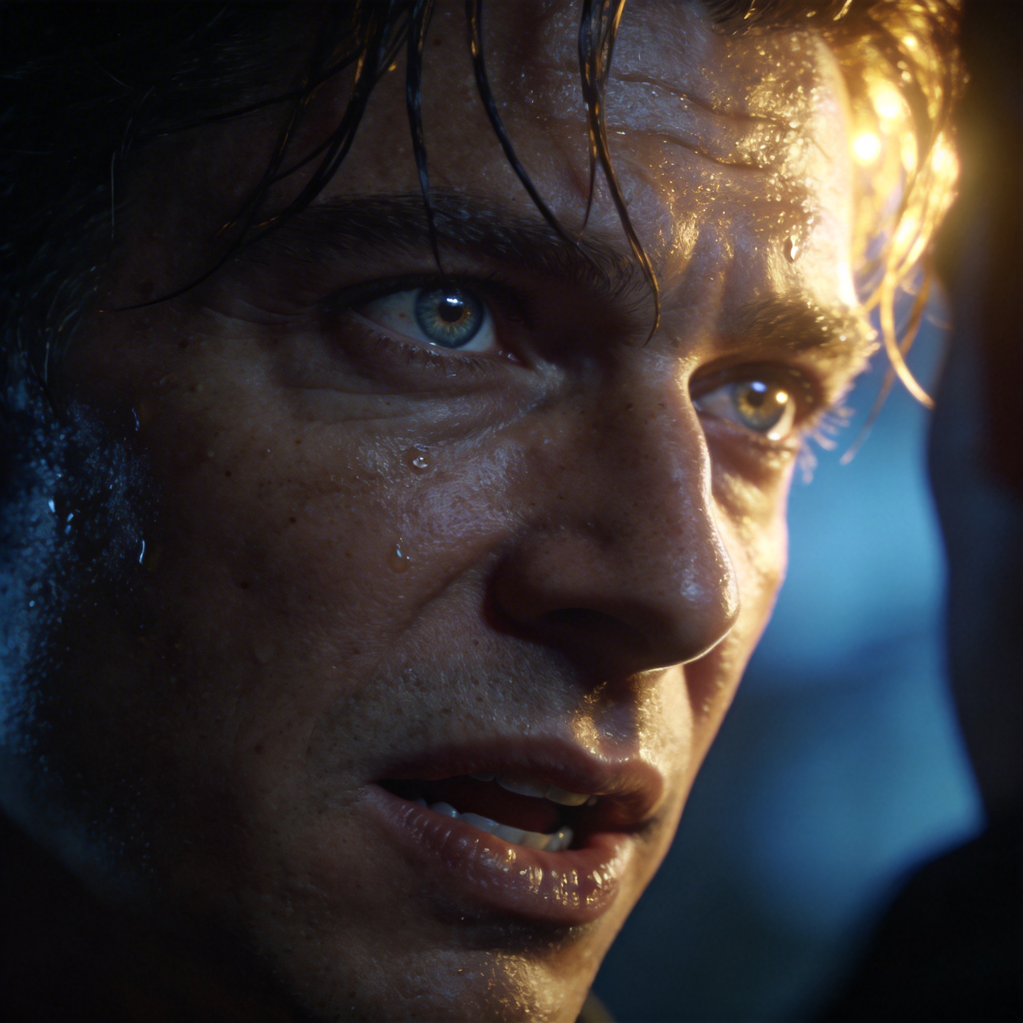 Close-up of an AI-generated character's face, showing lifelike emotional expression during dialogue.