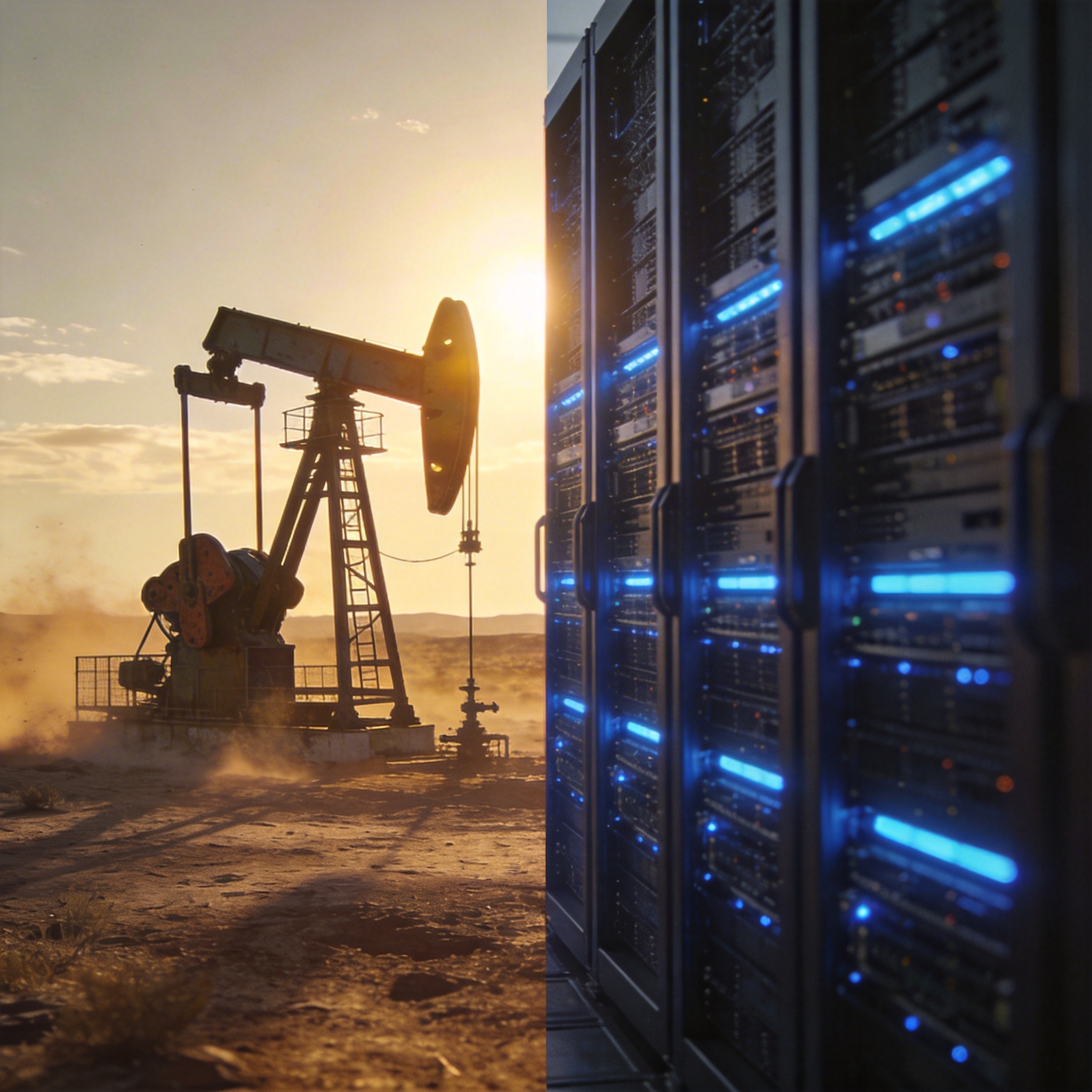Split image: vintage oil derrick on left, modern server rack on right, symbolizing past and present strategic resources.