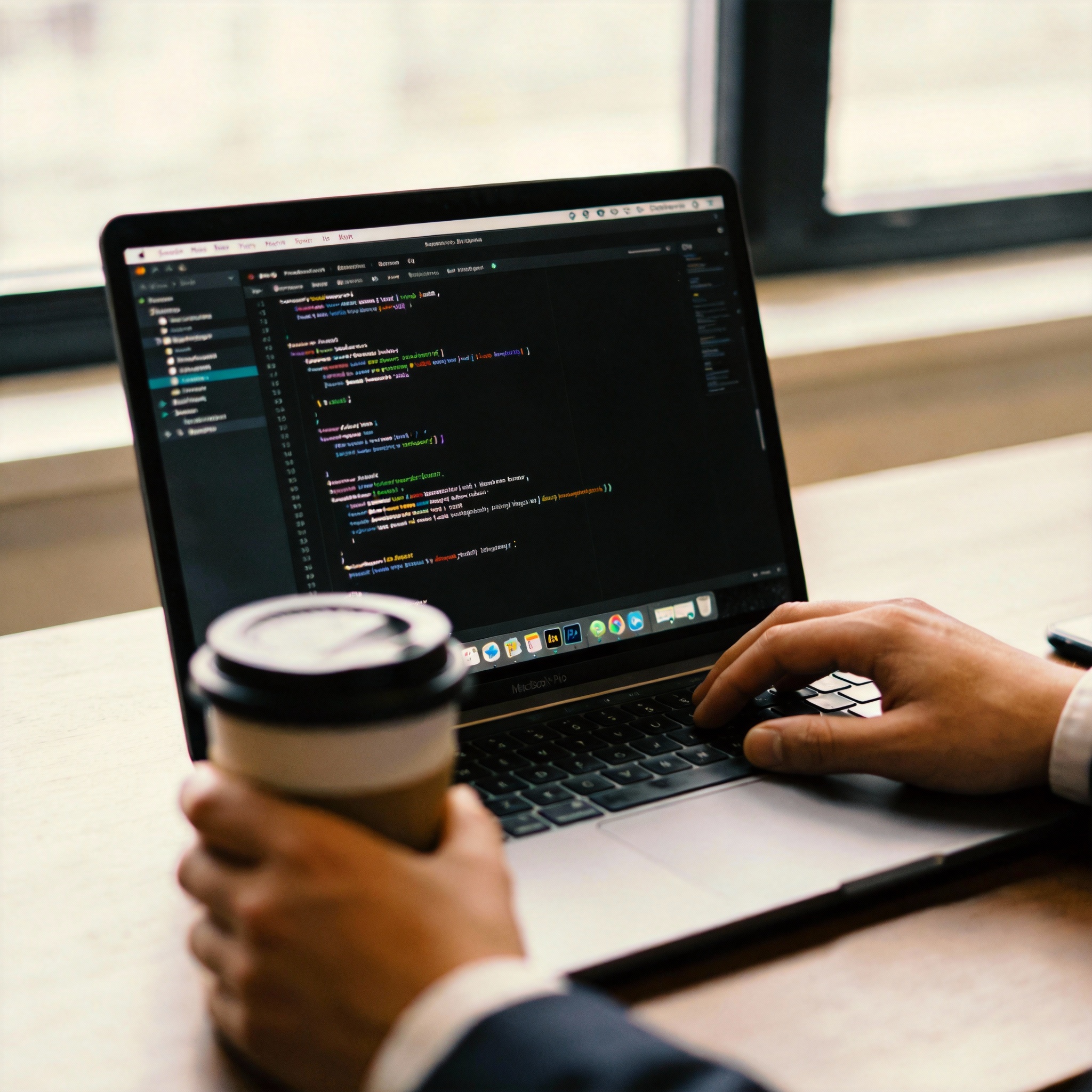 Professional's hands resting on a desk beside a laptop displaying code, conveying delegation and efficiency.