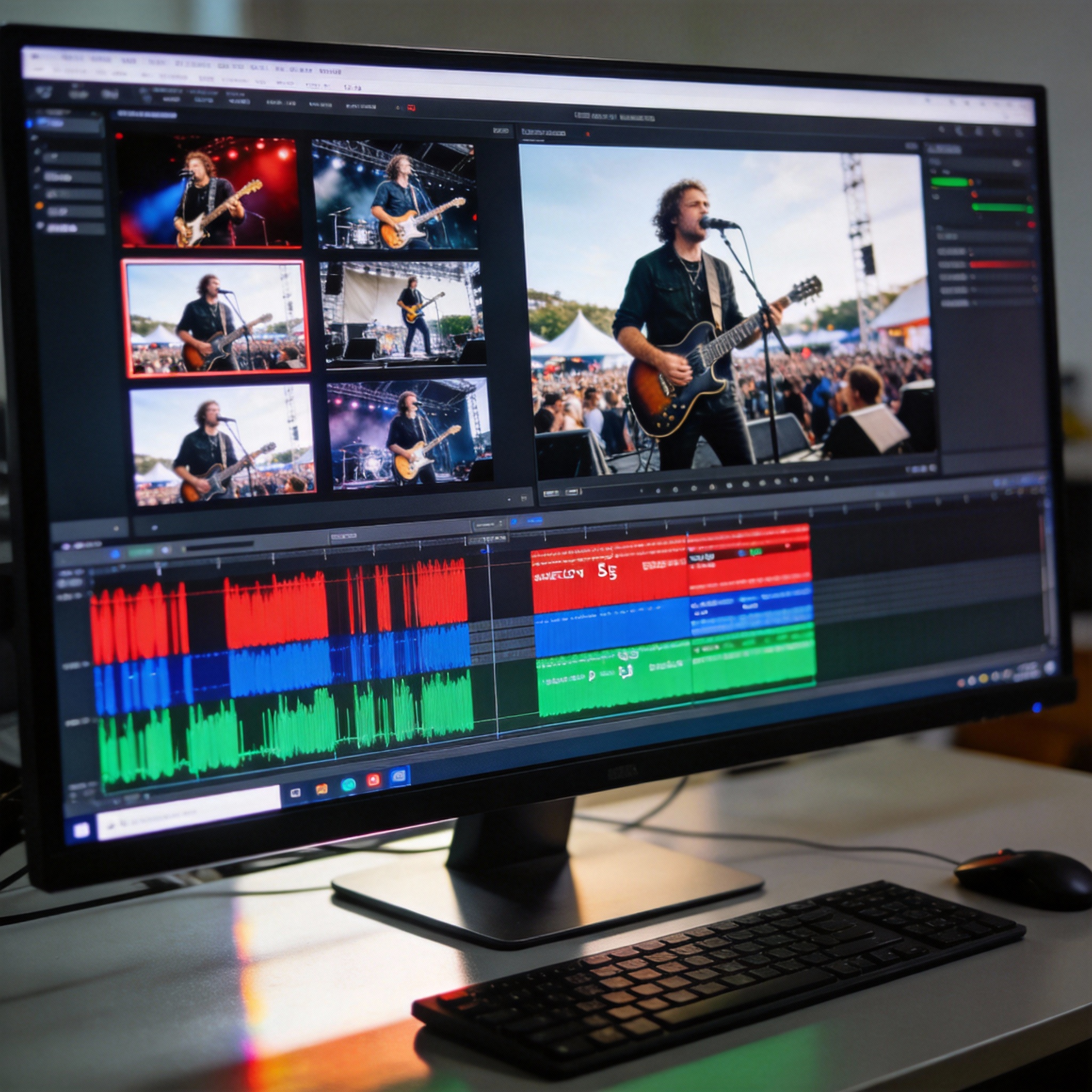 Video editing software showing a multi-shot rock band video and multilingual audio tracks.
