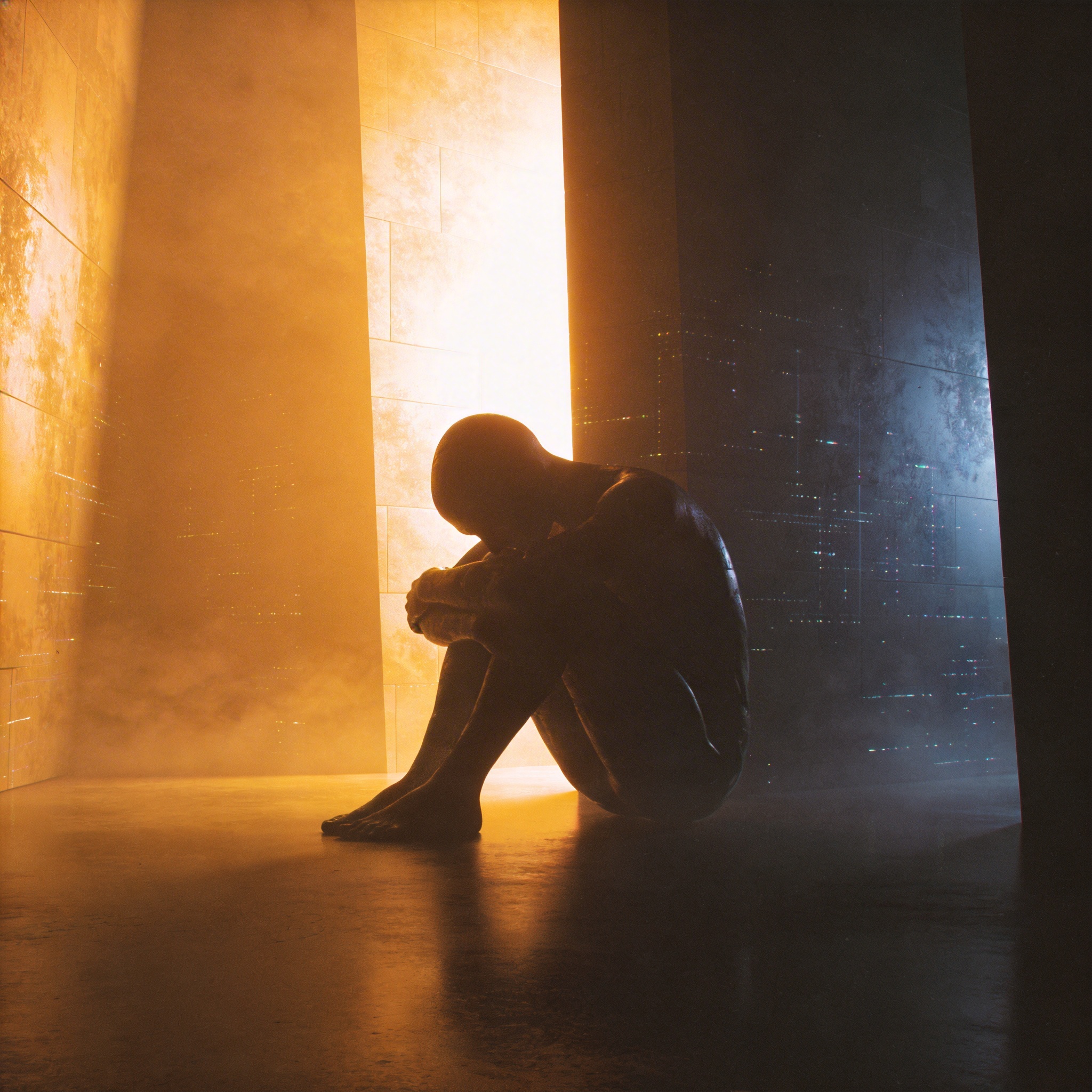 Abstract depiction of a solitary figure finding emotional comfort from an unseen AI in a dark setting.