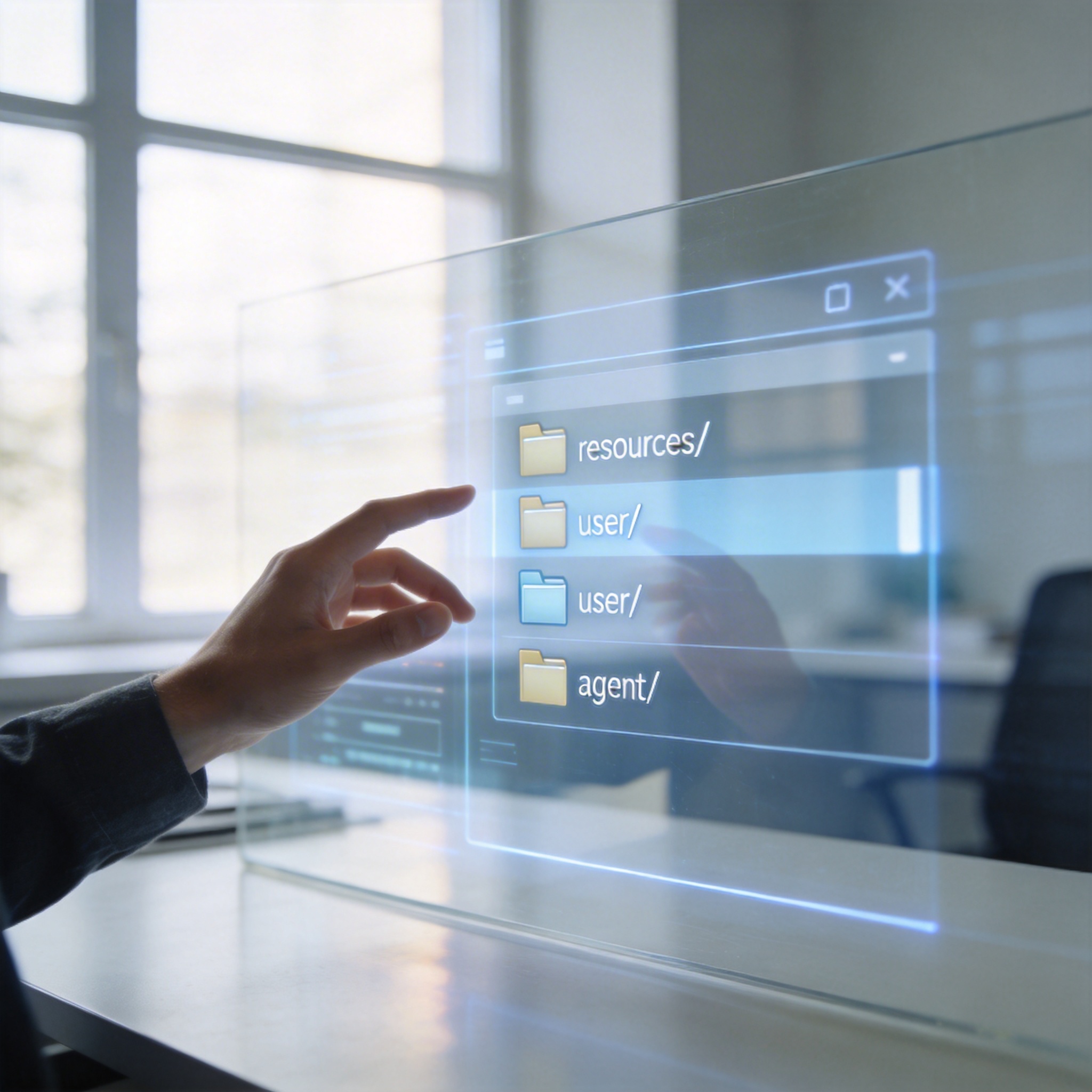 Holographic projection of a digital file system with 'resources', 'user', and 'agent' directories, representing OpenViking's paradigm.