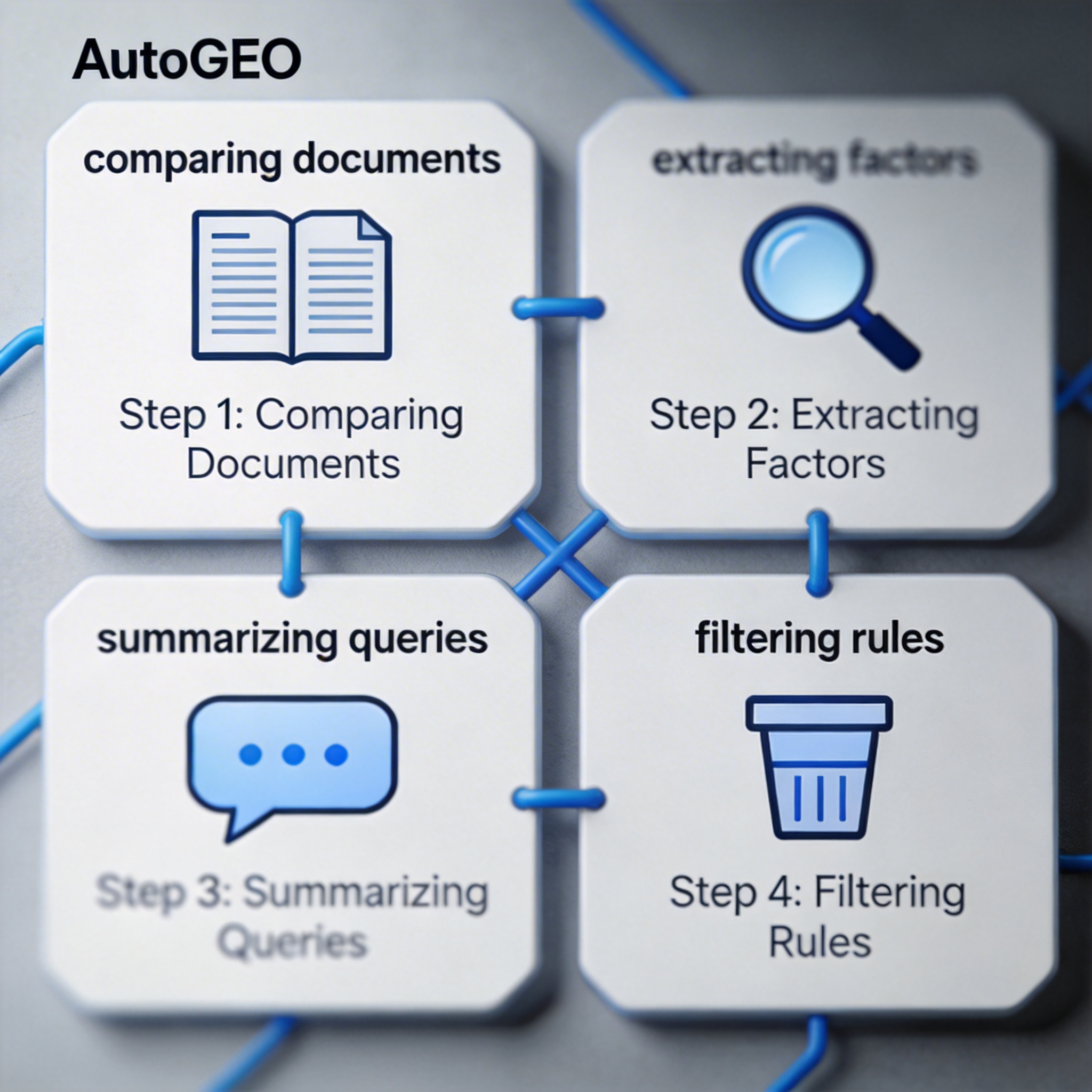Infographic detailing the four-step process of AutoGEO's framework for identifying content features.