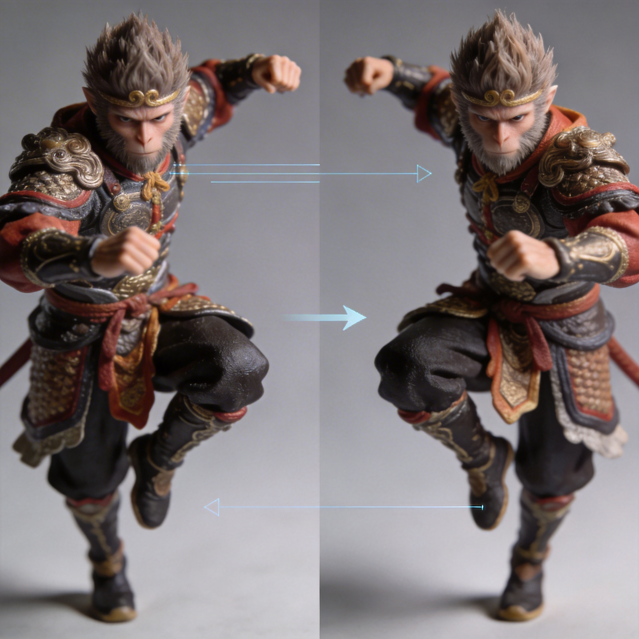 Split image showing a 'start frame' and 'end frame' for a character, illustrating video continuity.