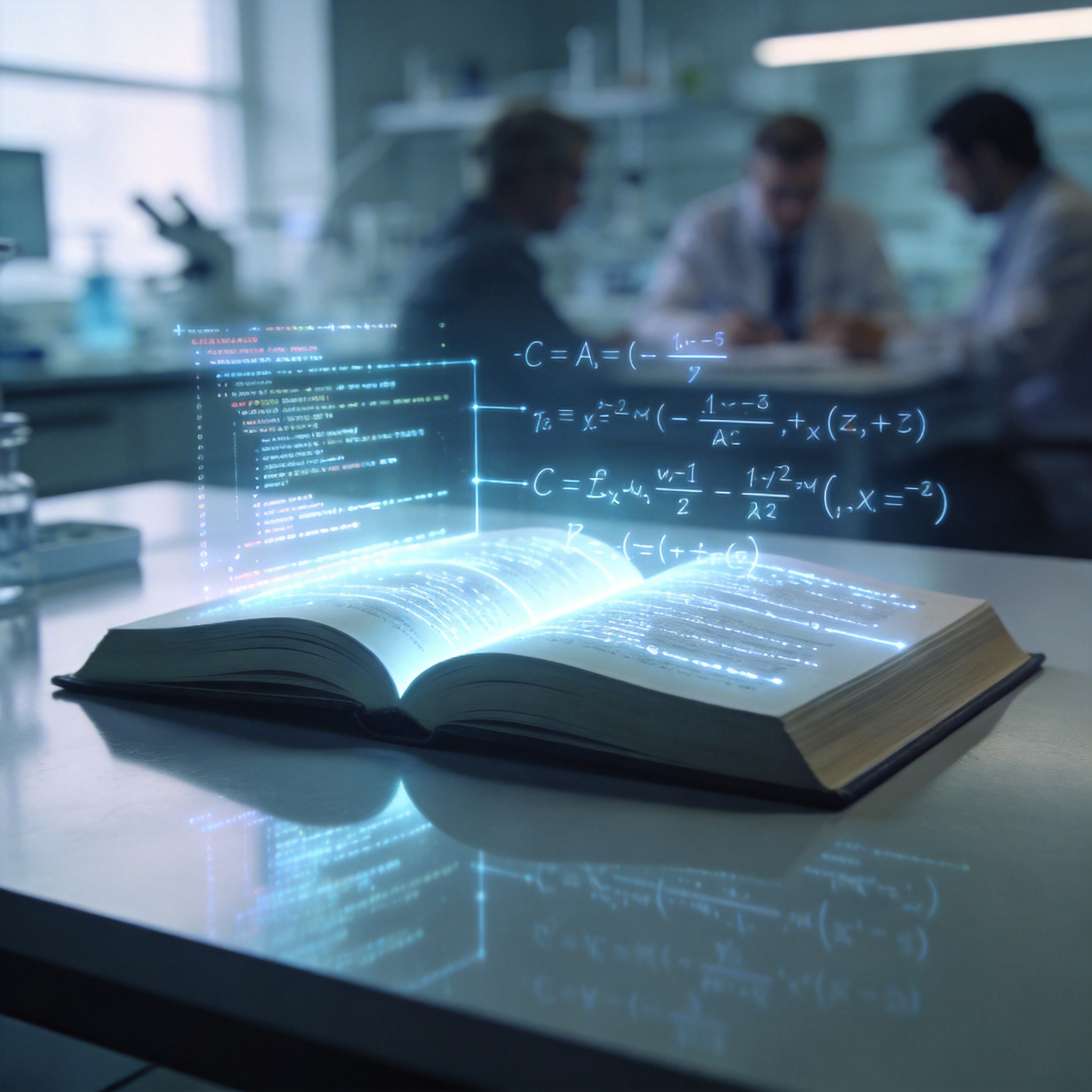 Open book with glowing code and equations, representing open-source AI research.