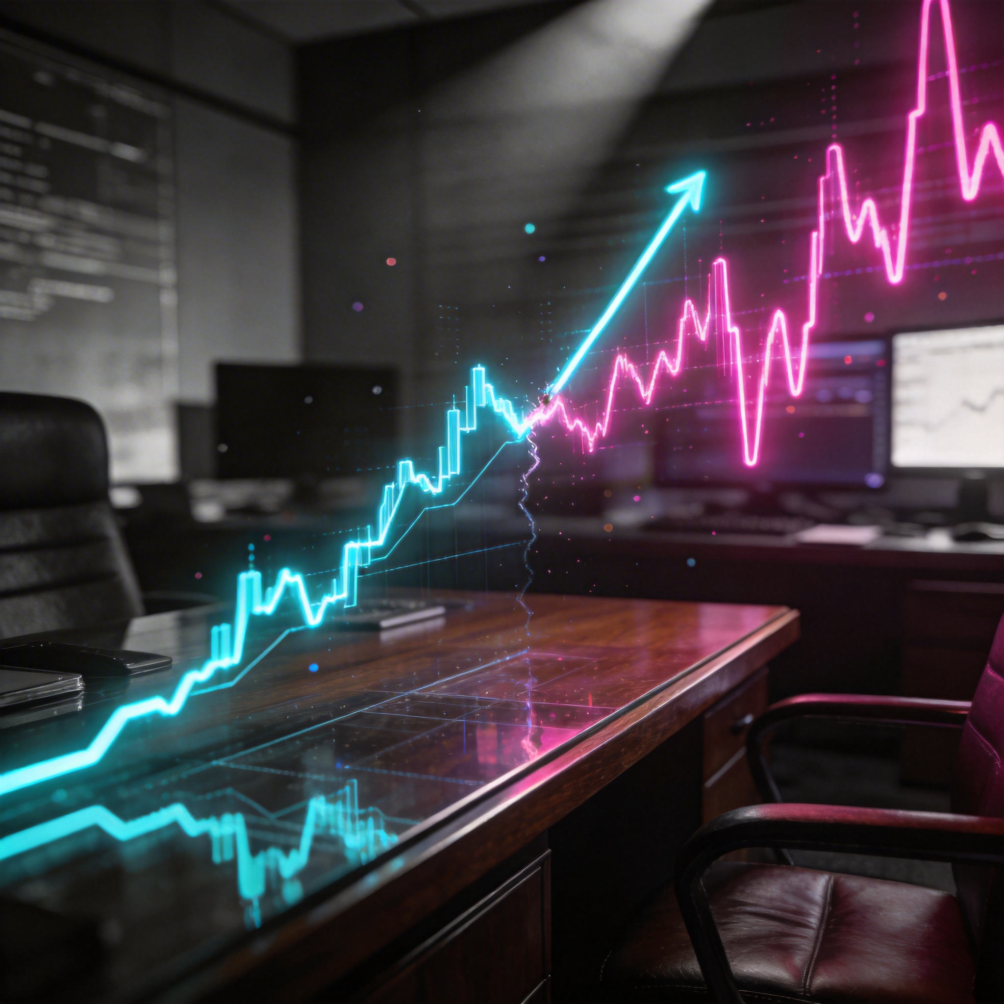 Glowing financial graph intersected by a volatile AI waveform, symbolizing rapid growth amidst market uncertainty.