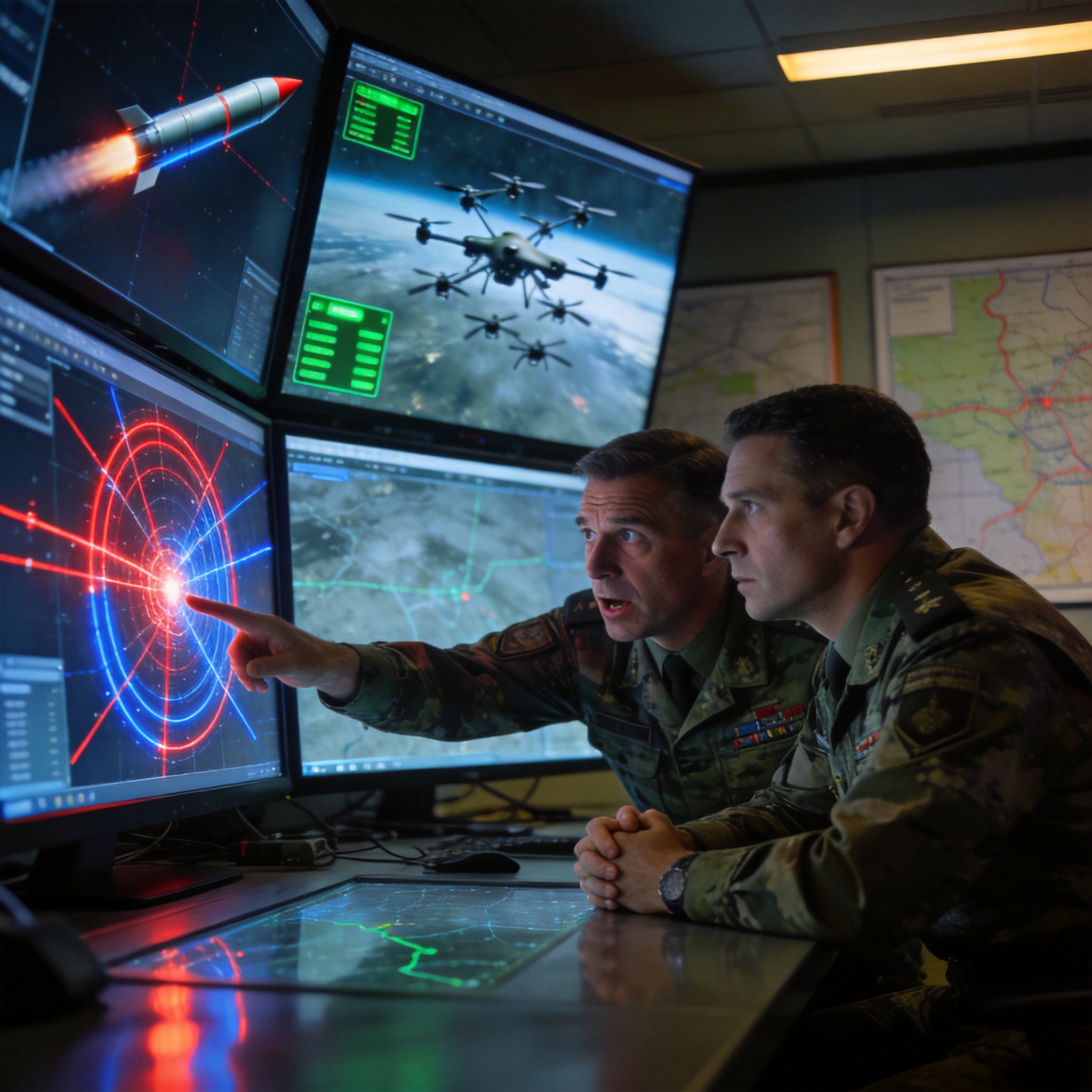 Military control room with war scenarios on screens, showing urgent decision-making.
