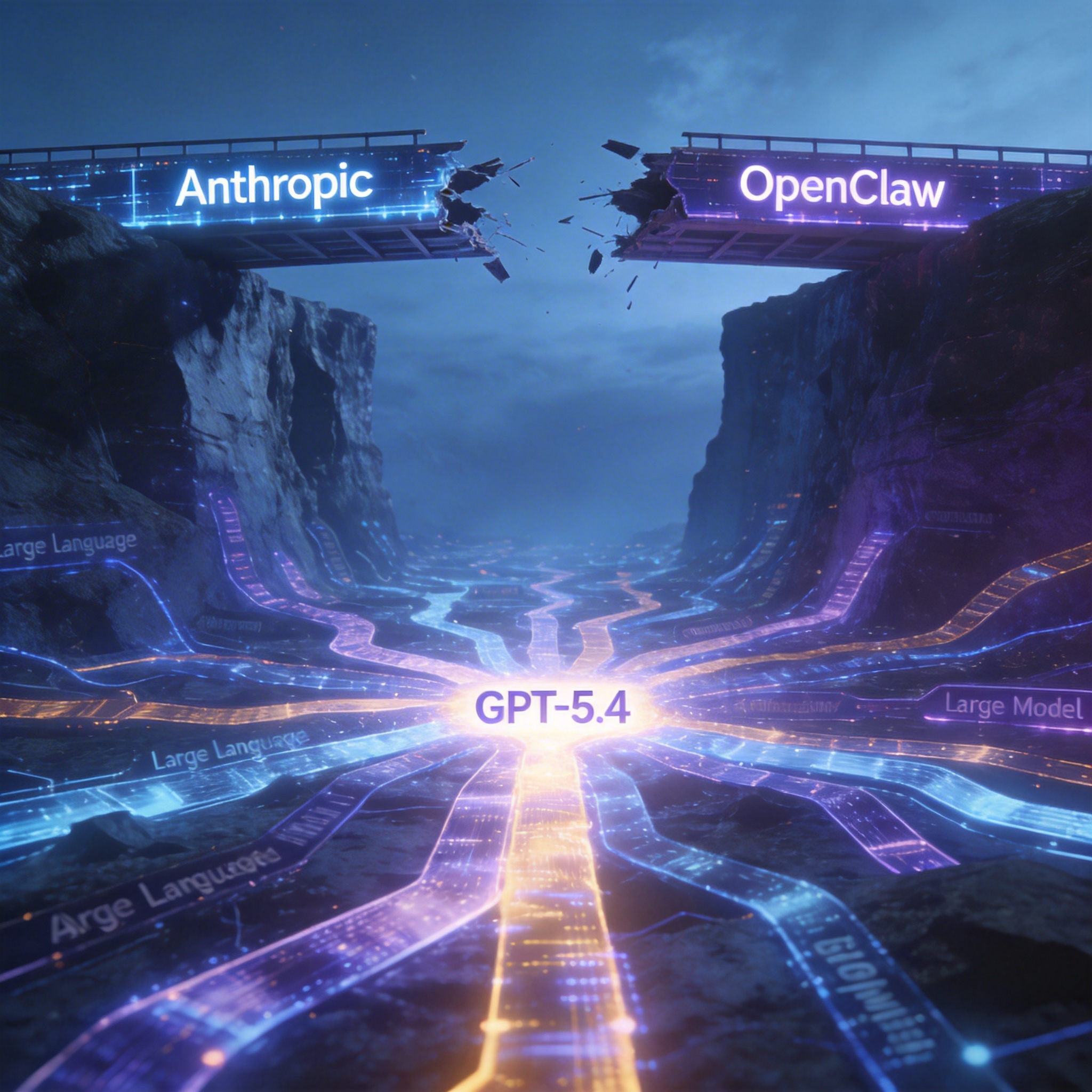 Broken digital bridge between 'Anthropic' and 'OpenClaw,' with diverse glowing pathways leading to 'GPT-5.4' below.