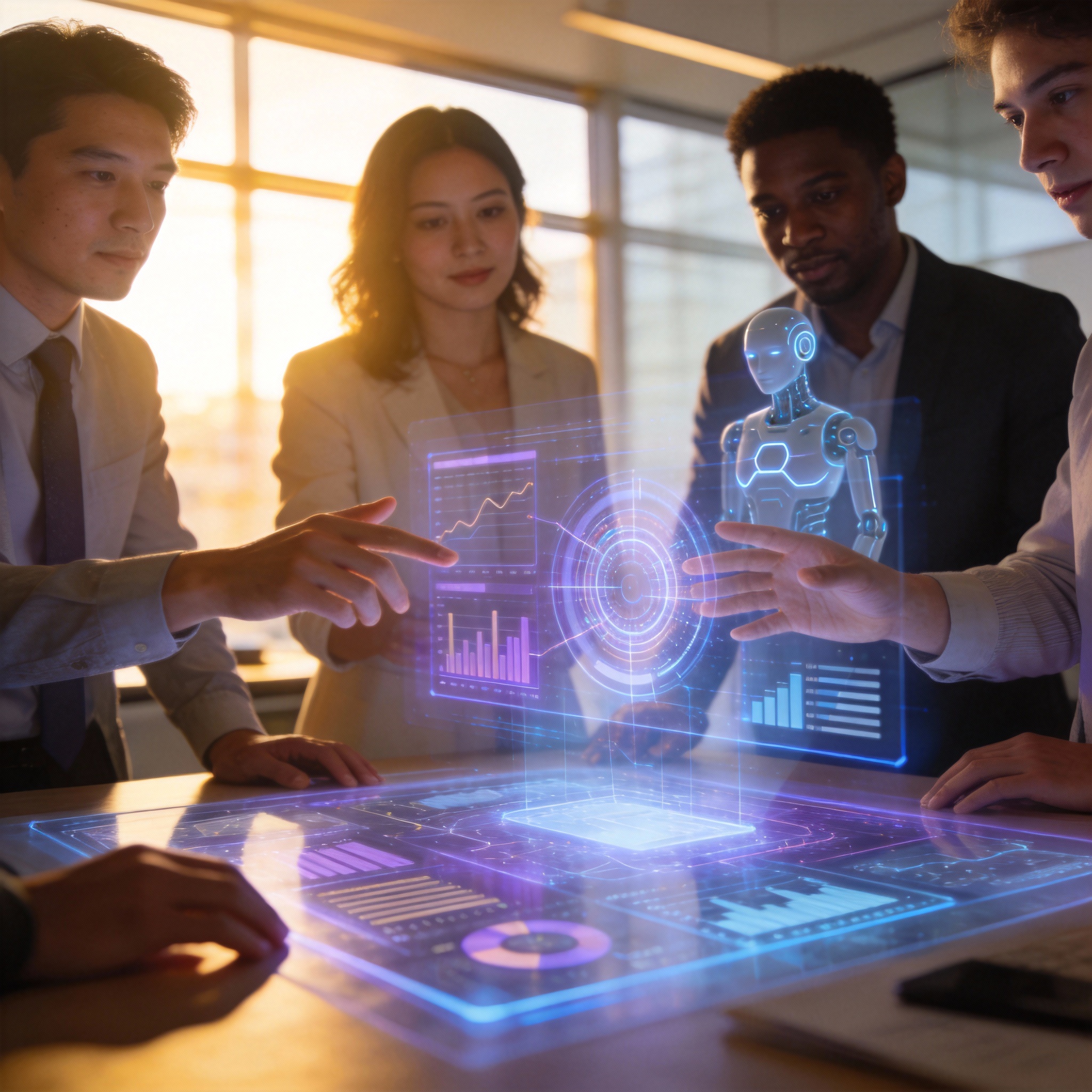 Diverse professionals collaborating with a holographic AI interface in a modern office.