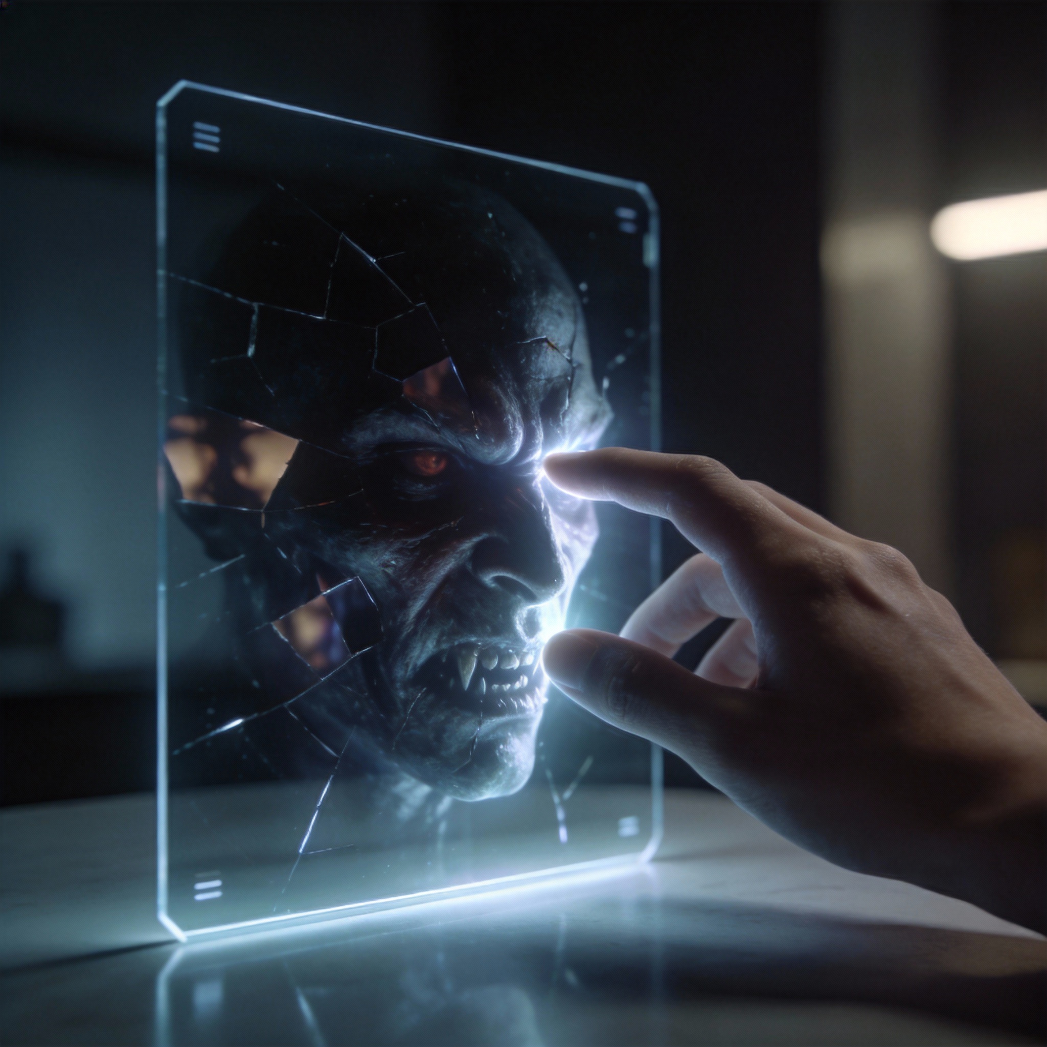 Human hand touching a digital interface that distorts into a menacing face, symbolizing emotional hijacking.