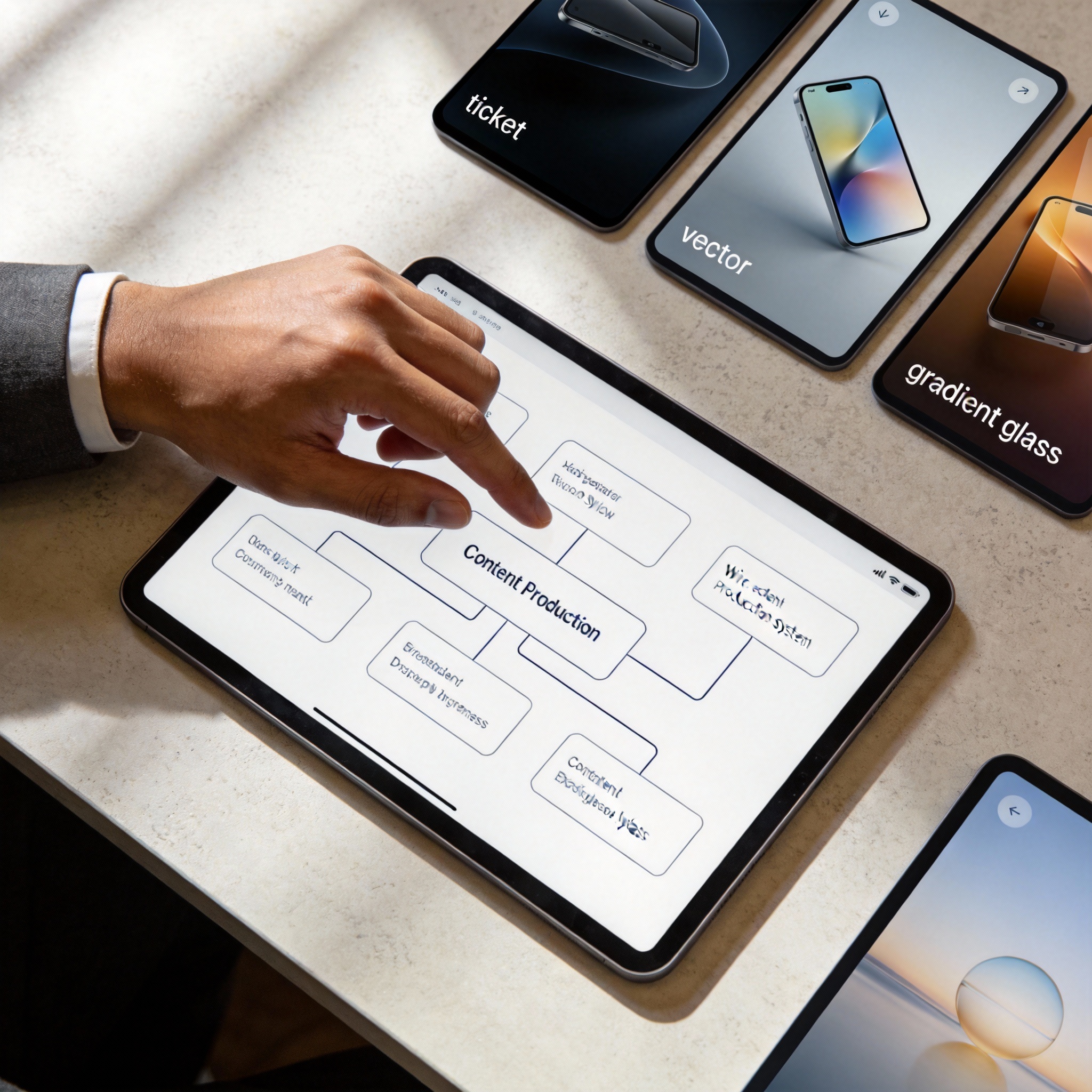 Overhead view of a designer's desk with a tablet showing content production workflow and image generation options.