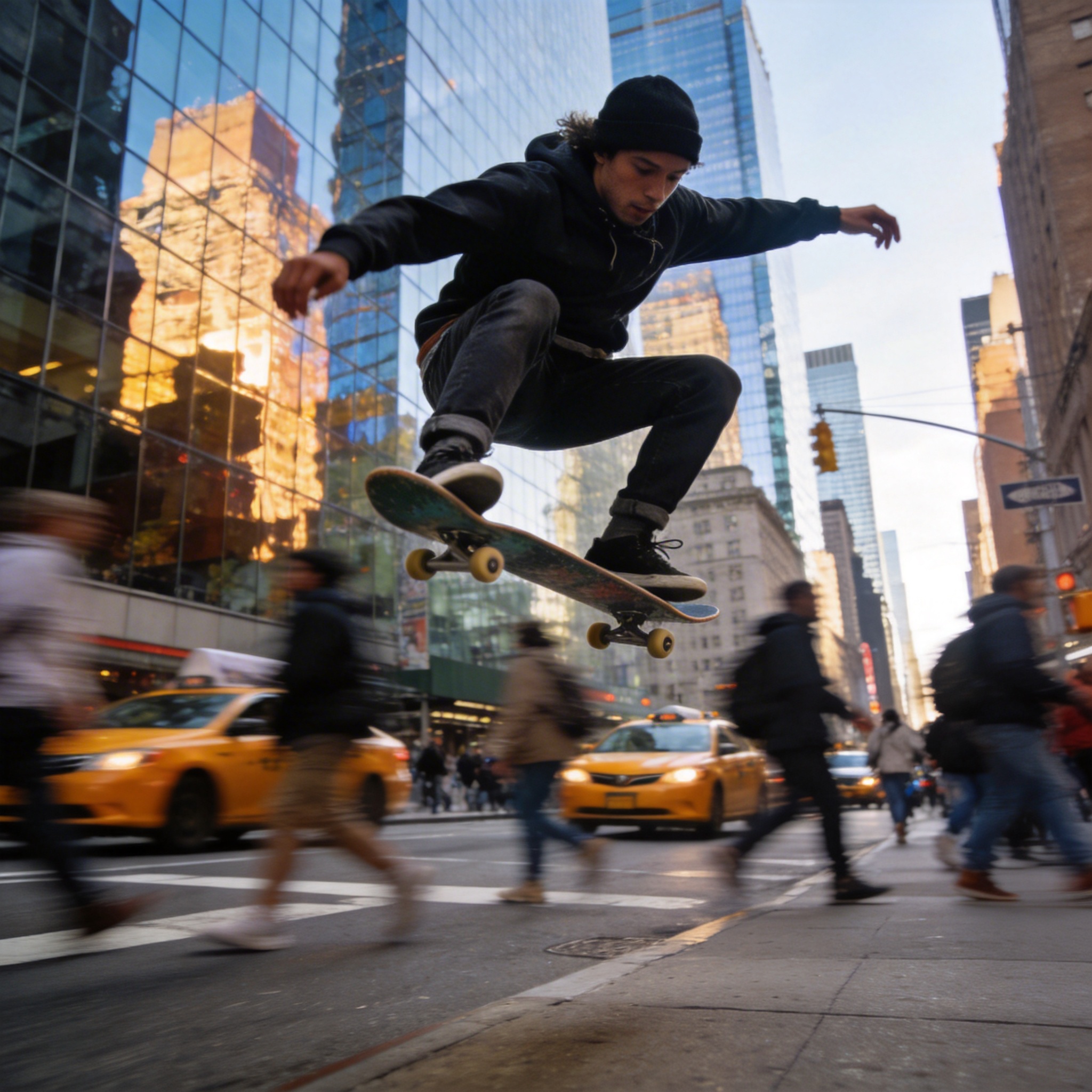 Skateboarder in motion on a busy New York City street, demonstrating dynamic scene generation.