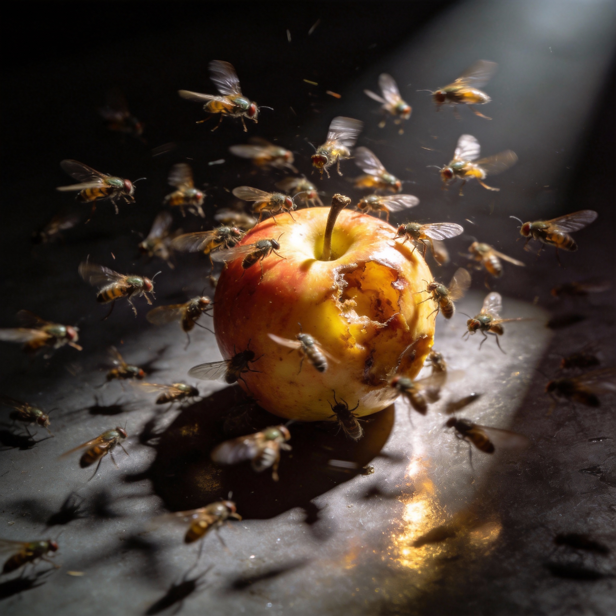 Swarm of fruit flies around a decaying apple, symbolizing the short 'fruit fly' lifecycle of AI models.