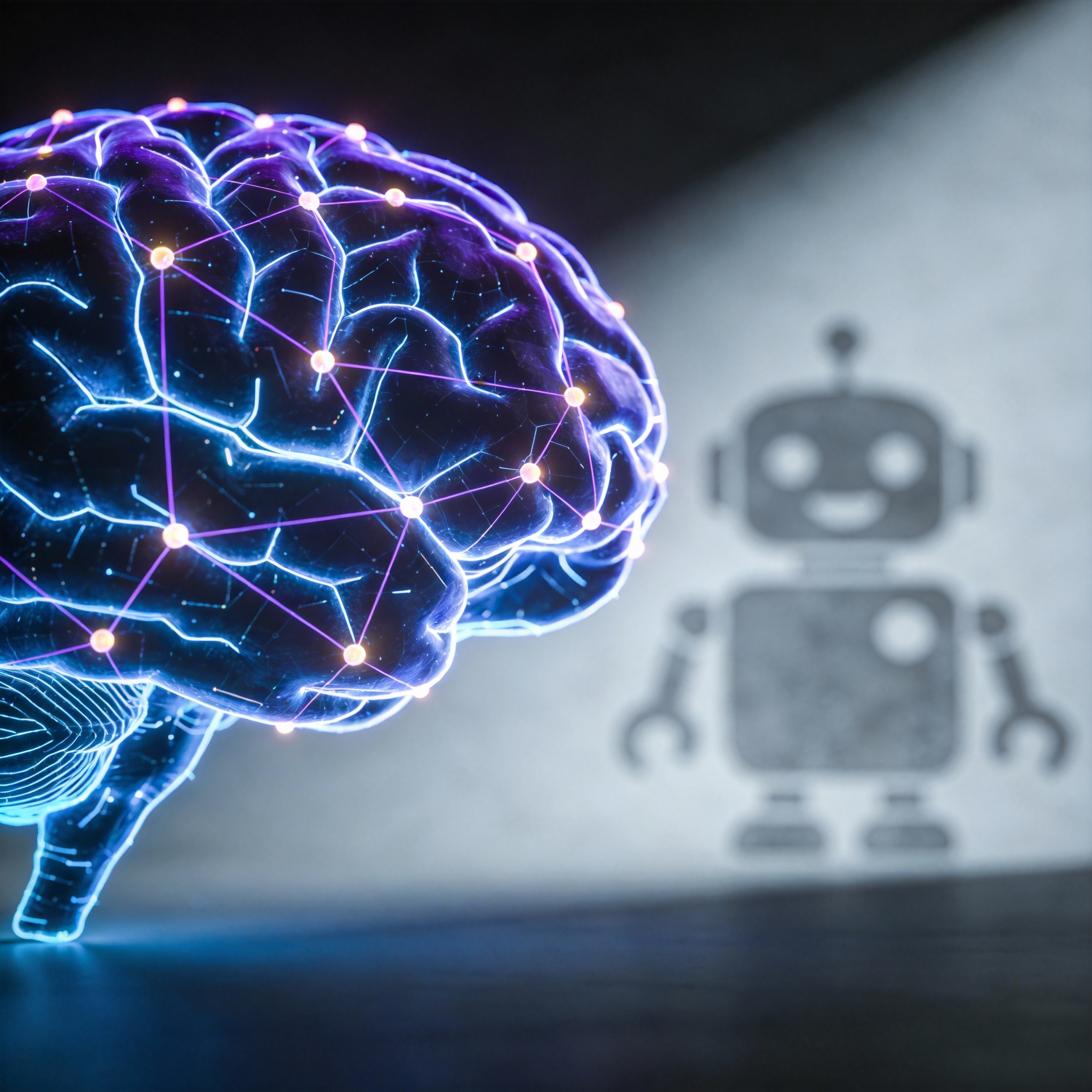 Glowing digital brain contrasting with a faded chatbot icon, symbolizing advanced AI vs. traditional assistants.