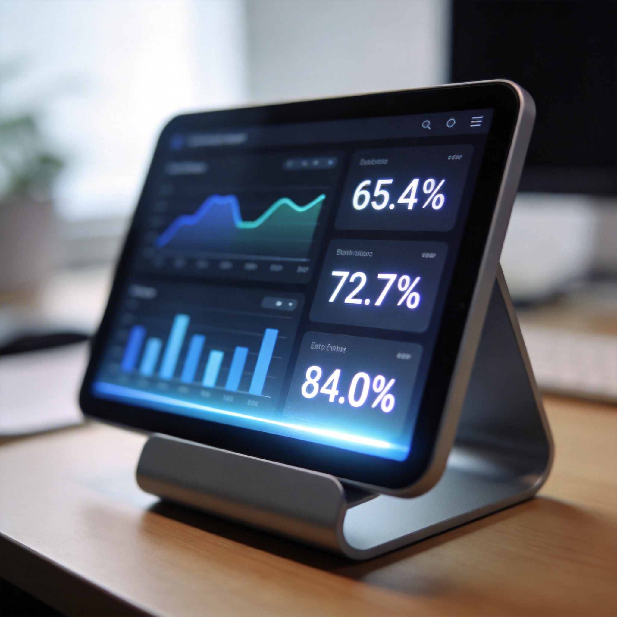 Digital dashboard showing AI performance benchmarks like 65.4% and 72.7%.
