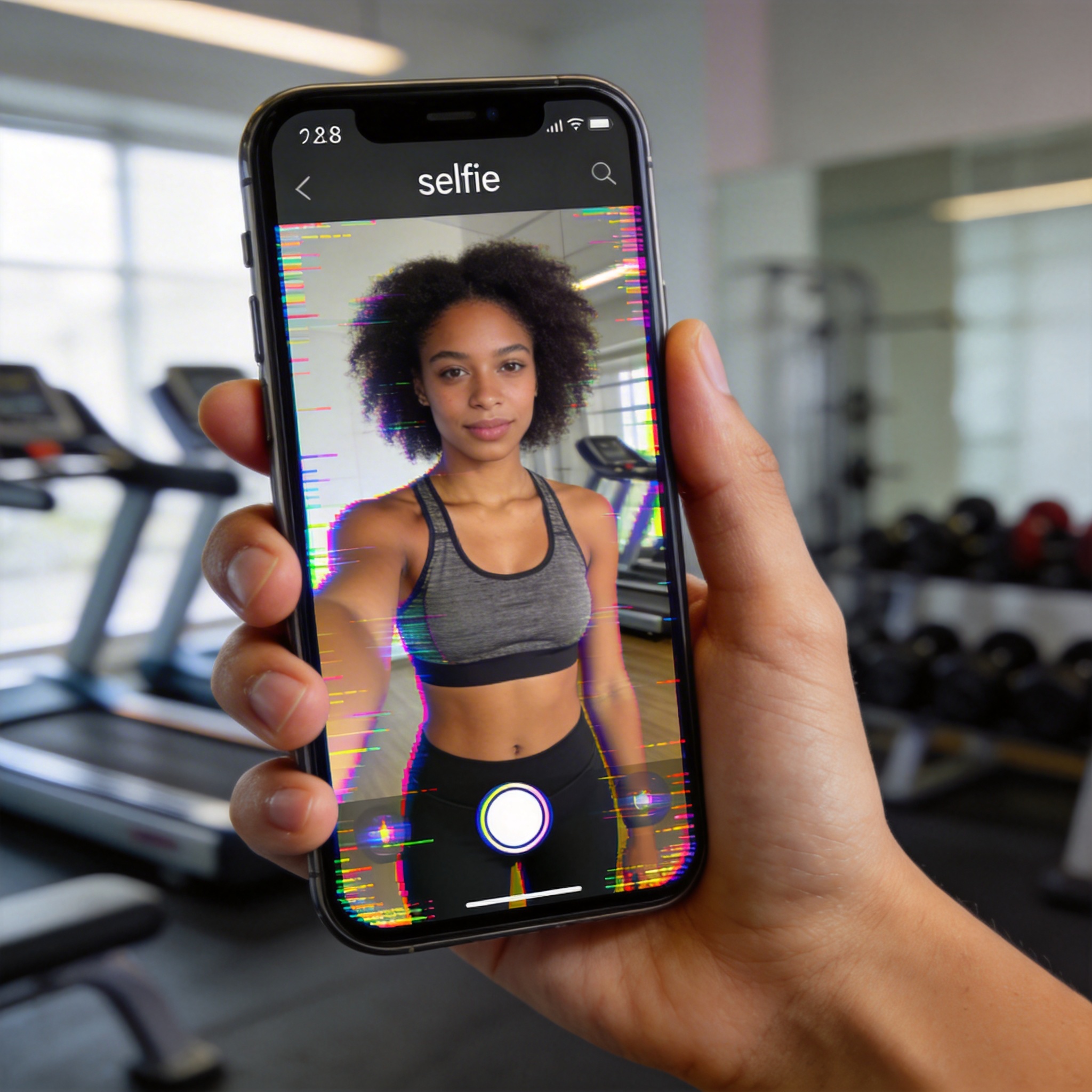 Smartphone displaying an AI-generated selfie of a woman in a gym, held by a human hand.