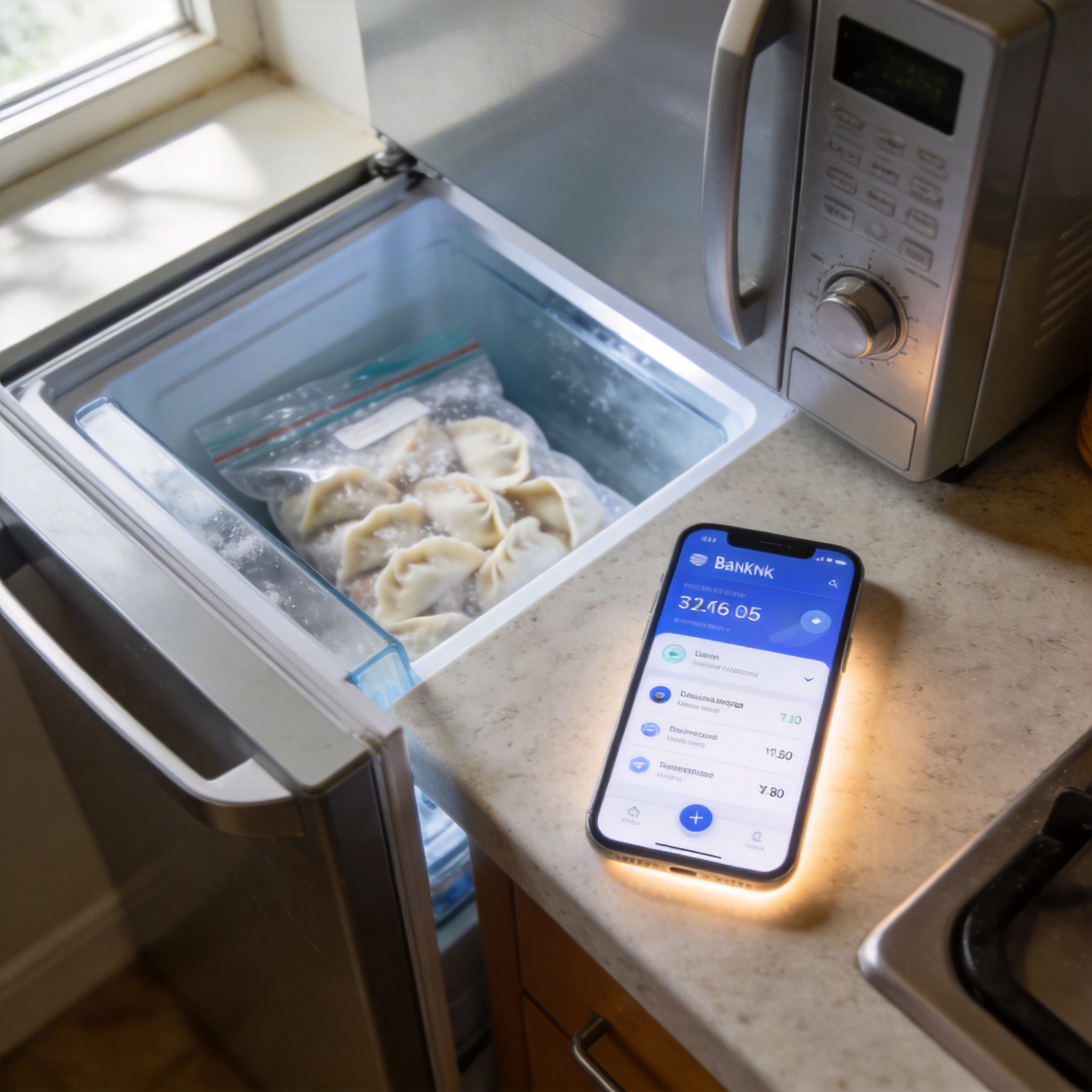 Smartphone with banking app next to frozen dumplings, illustrating AI access to sensitive data for trivial tasks.