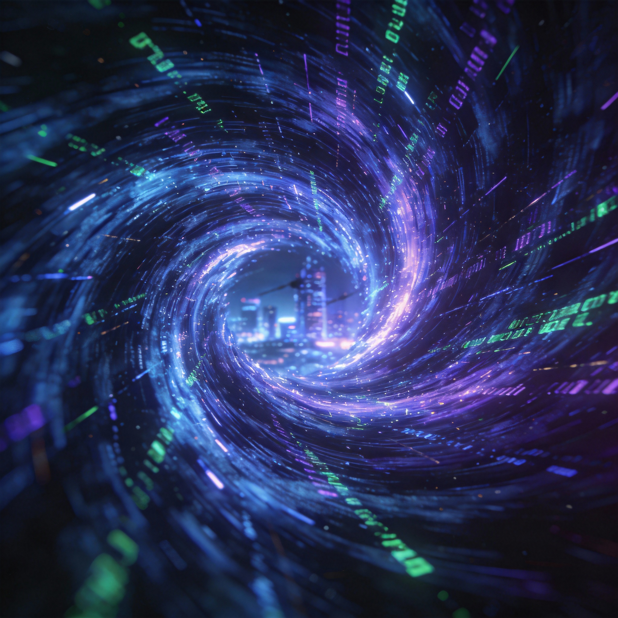 Abstract digital vortex symbolizing a 'time black hole' or 'time warping' effect in development.