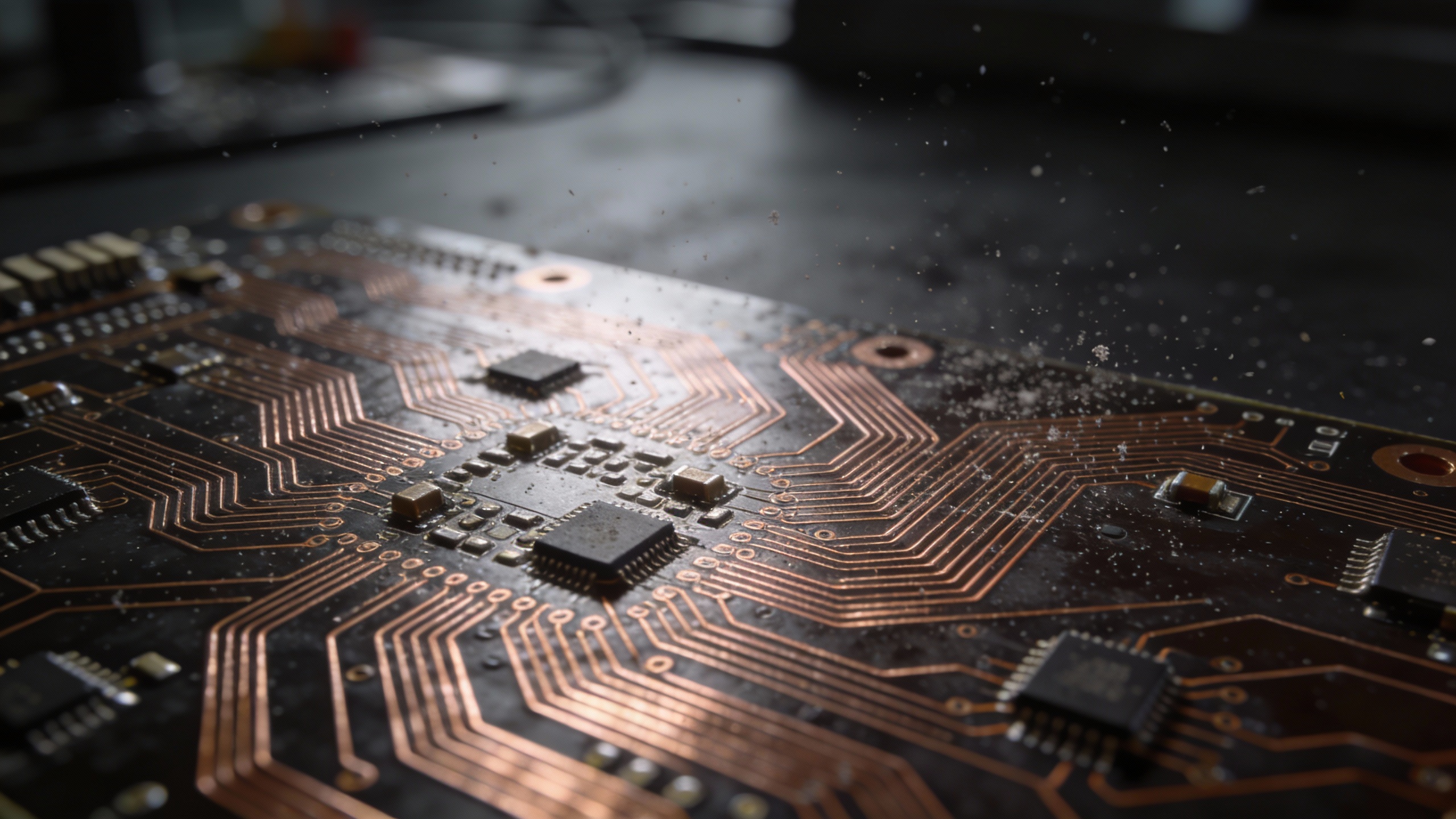 Close-up of a sophisticated circuit board with intricate copper traces and microchips, symbolizing advanced AI technology.