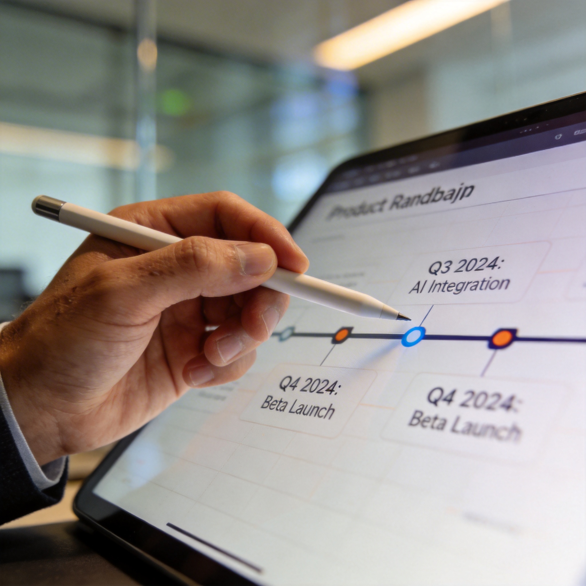 Hand pointing at a digital product roadmap on a tablet, symbolizing PM growth.