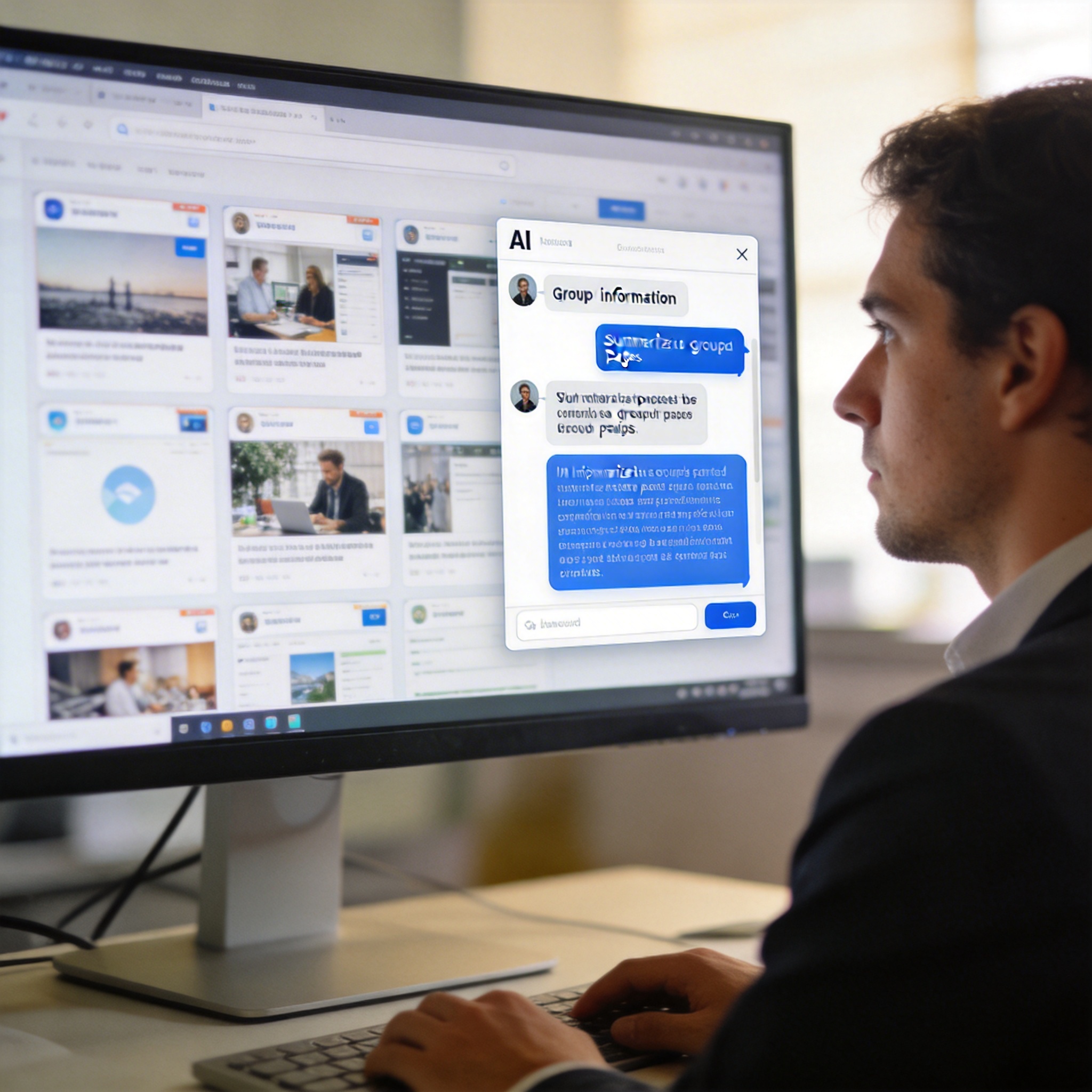 Professional user managing multiple browser tabs with AI chat summarizing content on a large monitor.