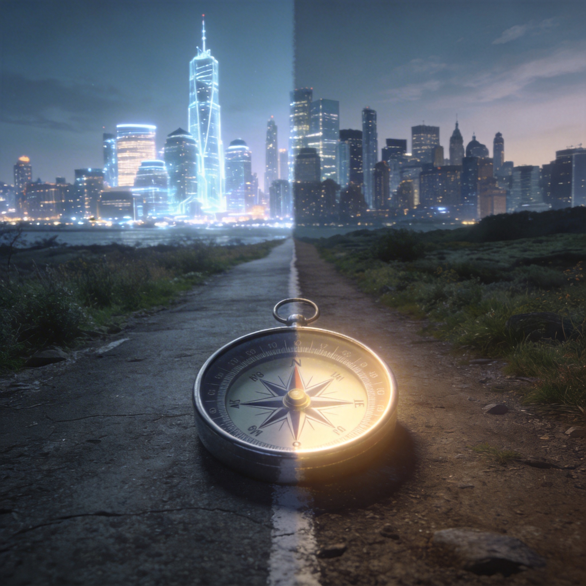 Diverging paths, one commercial, one ethical, symbolizing different company philosophies.