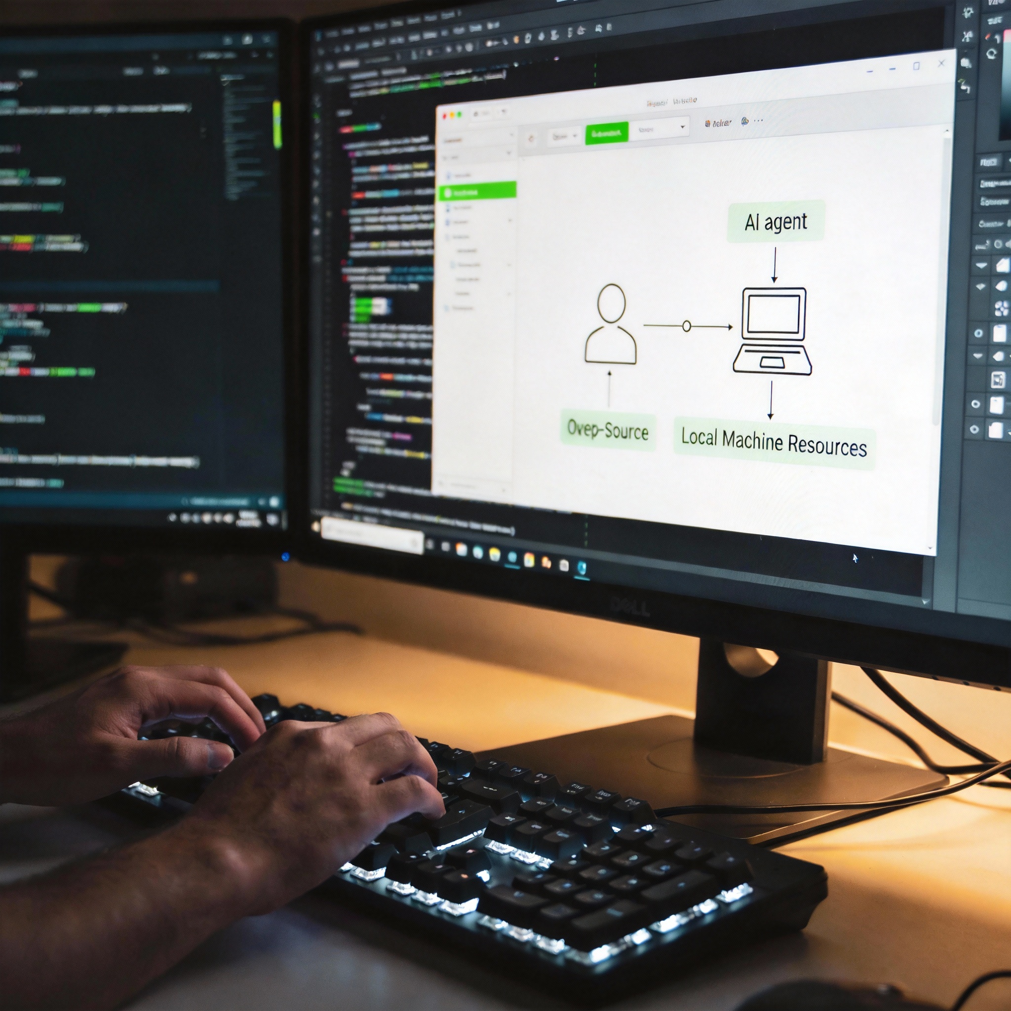 Developer's hands typing code on a keyboard, with multiple monitors displaying AI agent software.