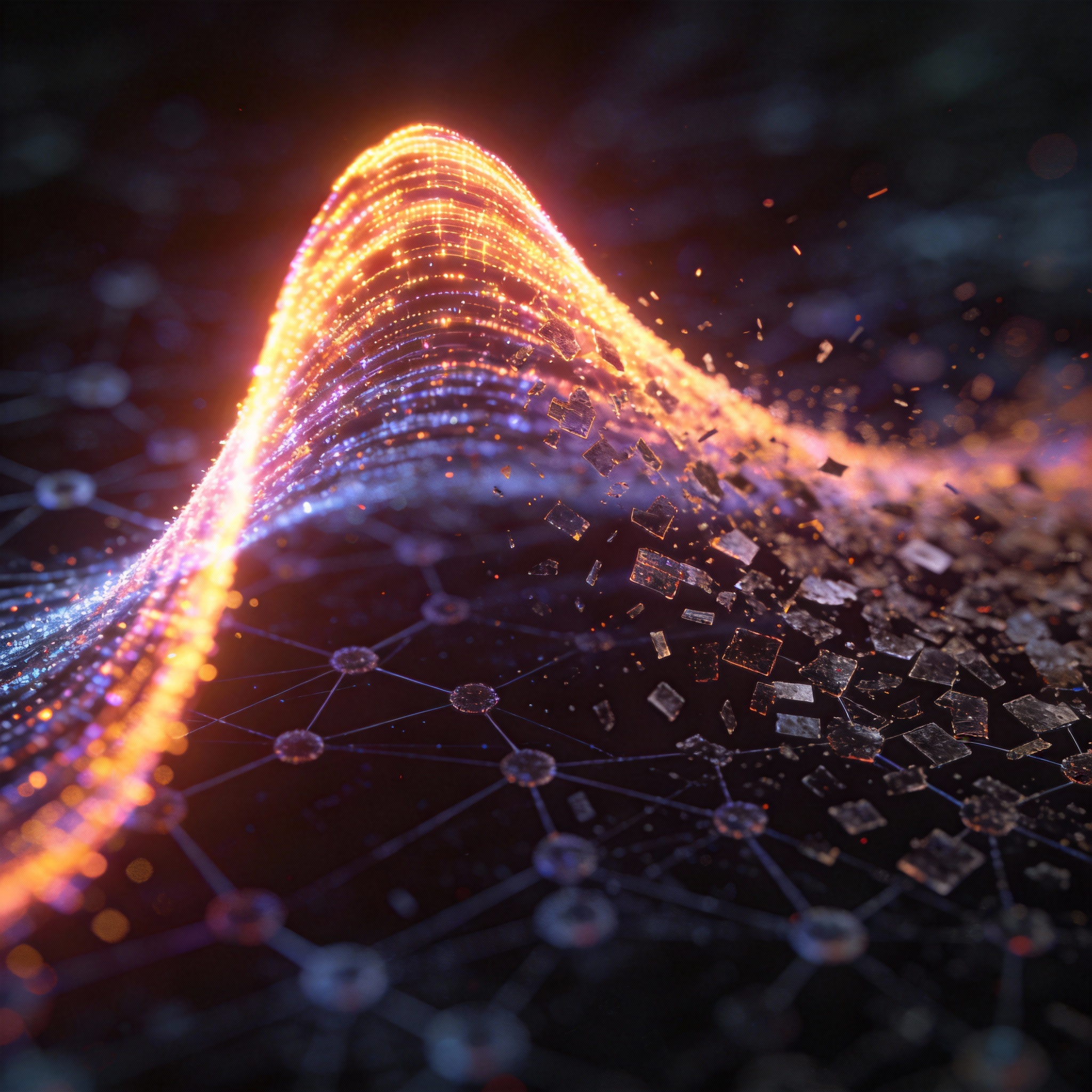 Abstract visual of a vibrant wave dissipating, symbolizing the AI hype cycle peaking and diminishing returns.