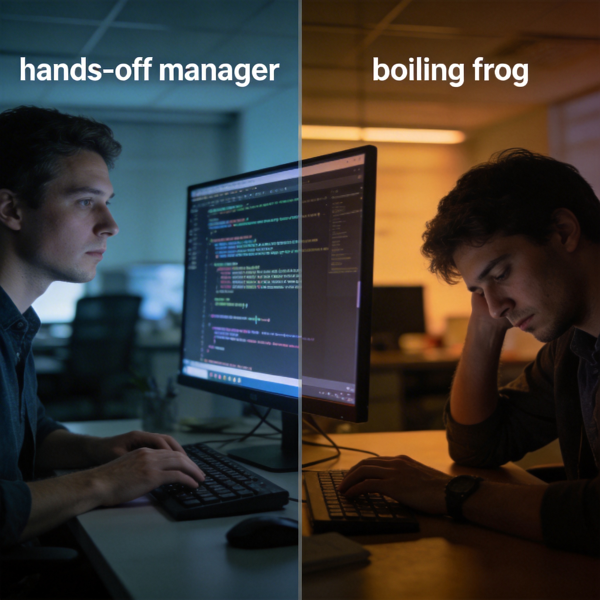 Two developers, one passive, one disengaging, illustrating detrimental AI interaction modes.