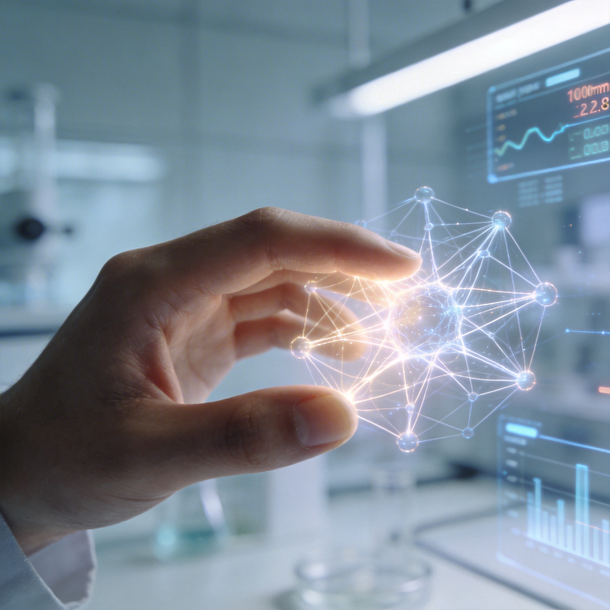 Human hand guiding a glowing AI neural network, symbolizing AI safety research and alignment.