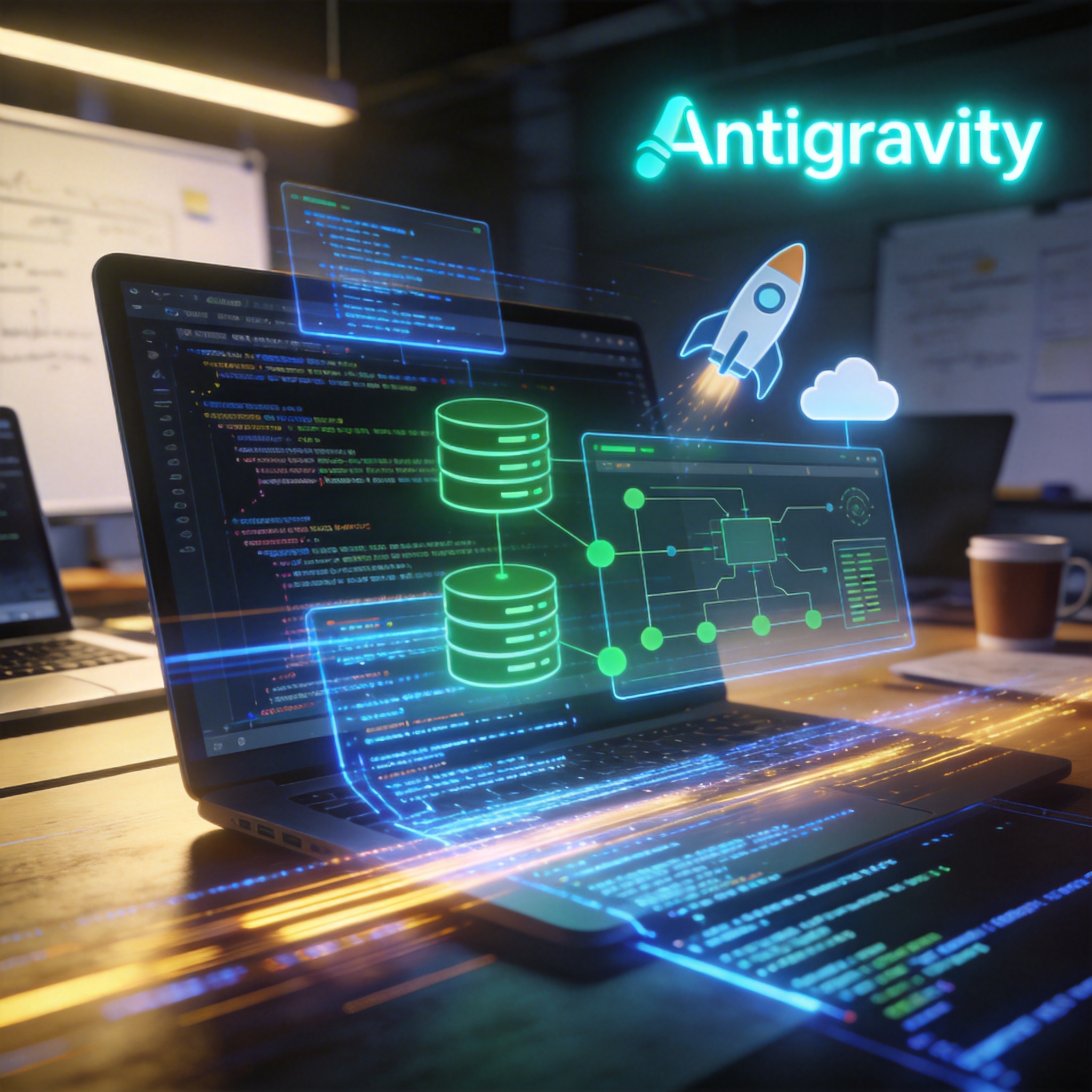 Digital interface showing AI-generated code, database configuration, and deployment, symbolizing automated software development.