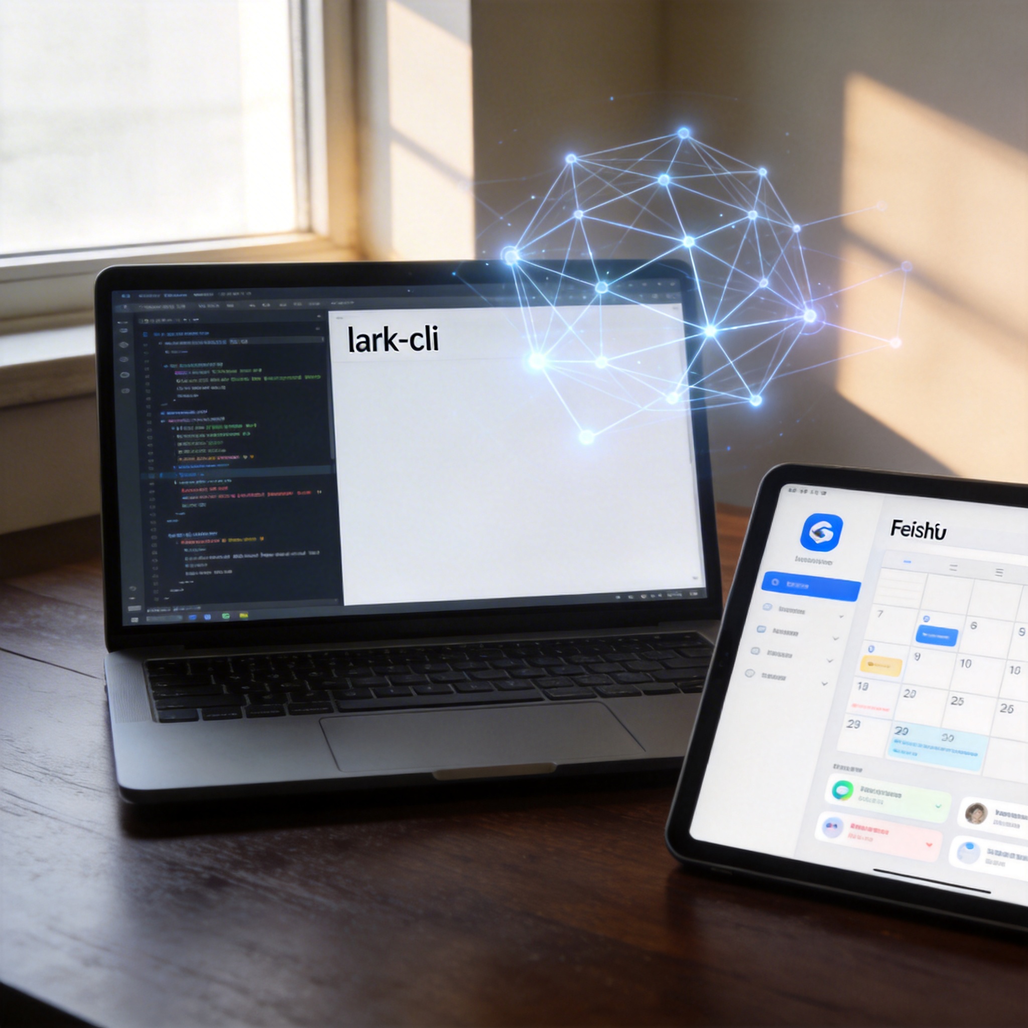 Developer's desk with laptop showing lark-cli, tablet with Feishu app, and subtle AI network overlay.