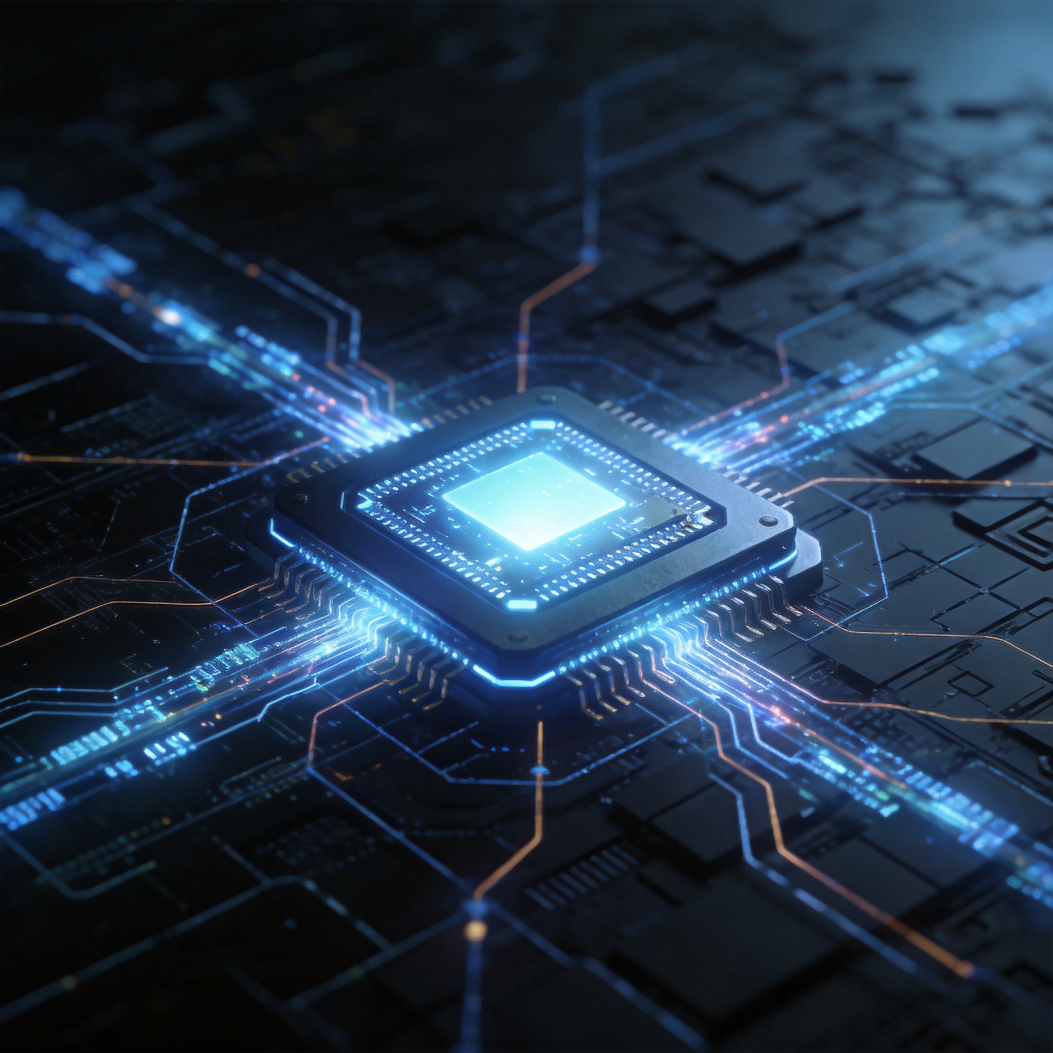 Glowing, compact microchip at the center of a digital network, symbolizing efficiency.