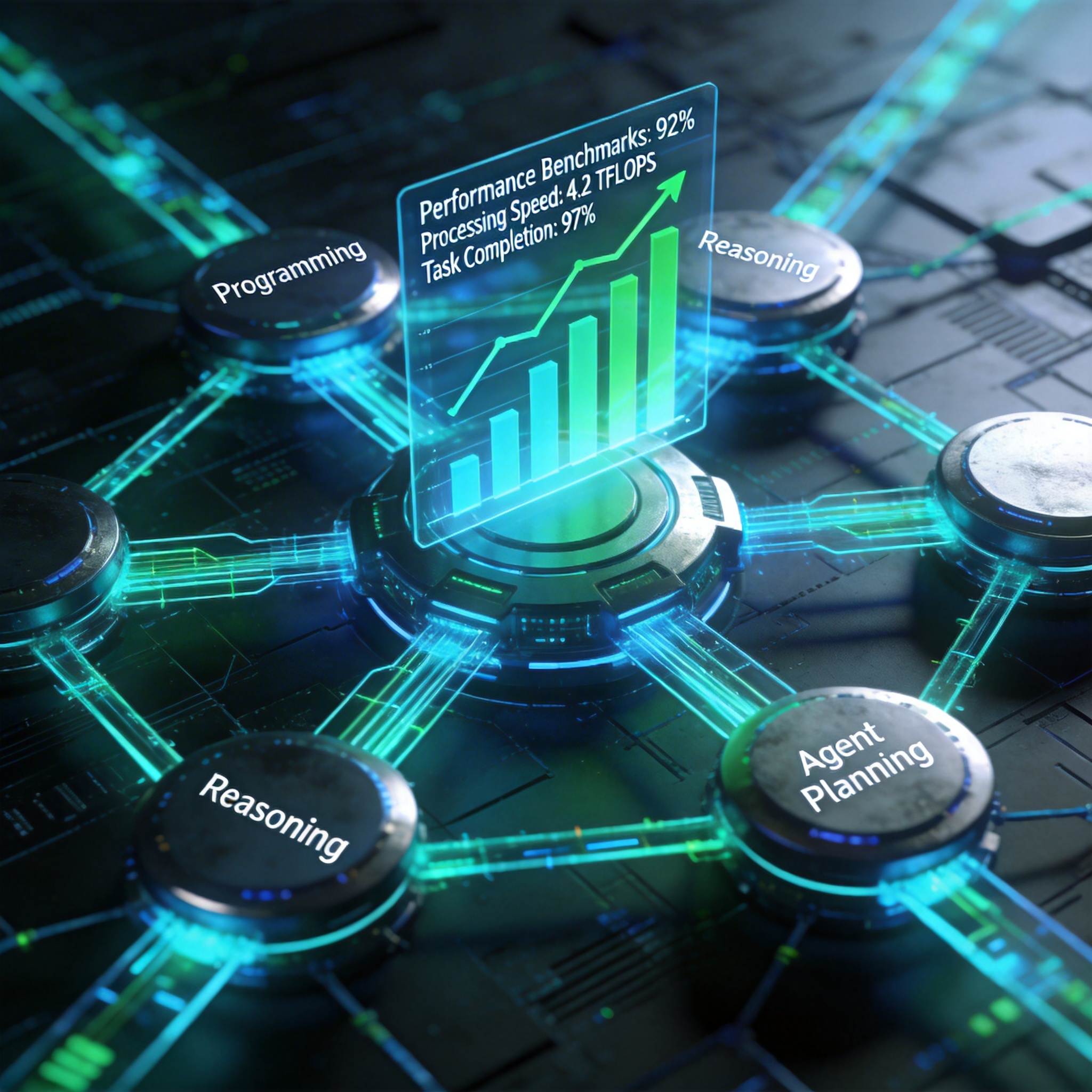 Complex digital network with glowing data streams and interconnected nodes, symbolizing advanced AI capabilities and performance.