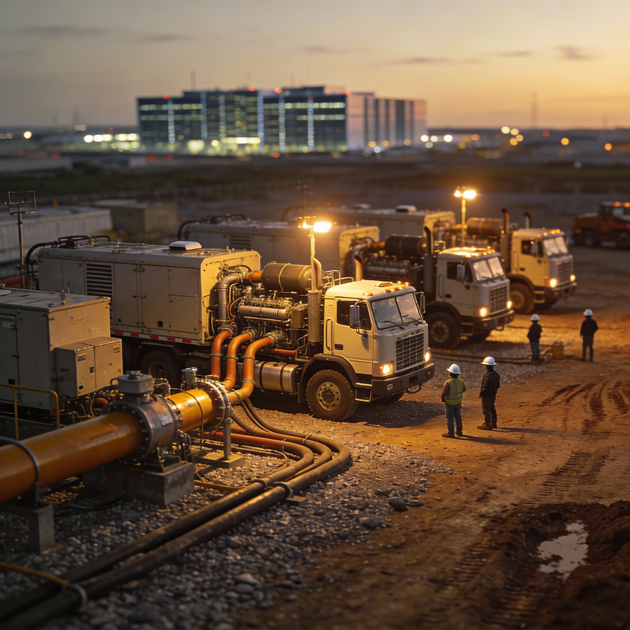 Truck-mounted gas turbines generating power at a temporary site next to a data center, illuminated at dusk.